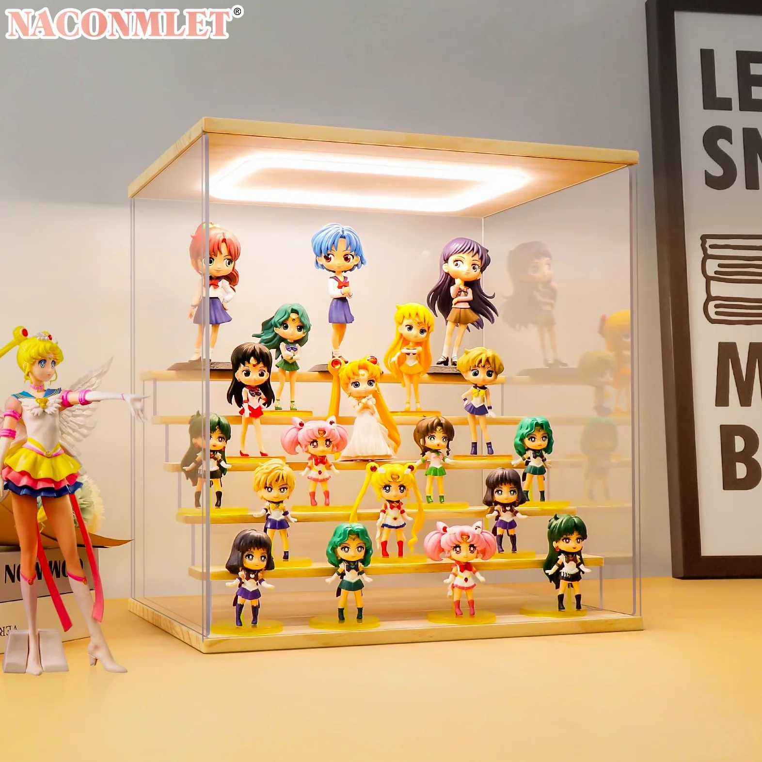 Vitrina acrílica transparente para figura con luz LED, soporte de exhibición de 6 niveles, caja de exhibición Funko Pop, vitrina de protección a prueba de polvo para coleccionables (pequeño 6 niveles