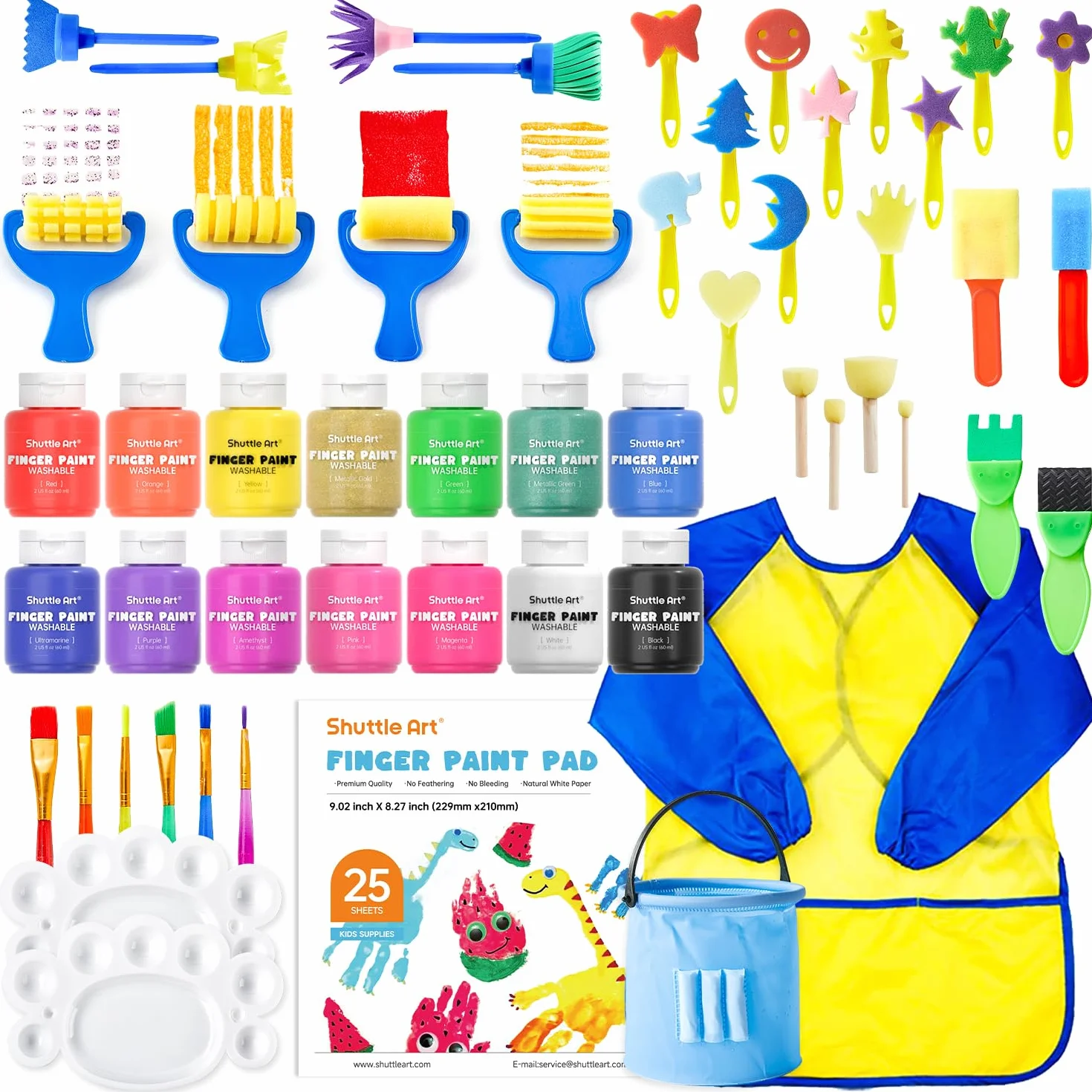 Shuttle Art Pintura de Dedos para Niños, 53 Piezas Kit Pintura Niños, 14 Colores Pintura Dedos Bebe No Toxica, Juego Completo de Herramientas, Pincel, Tampón de Pintura, Esponja, Paleta, Bata
