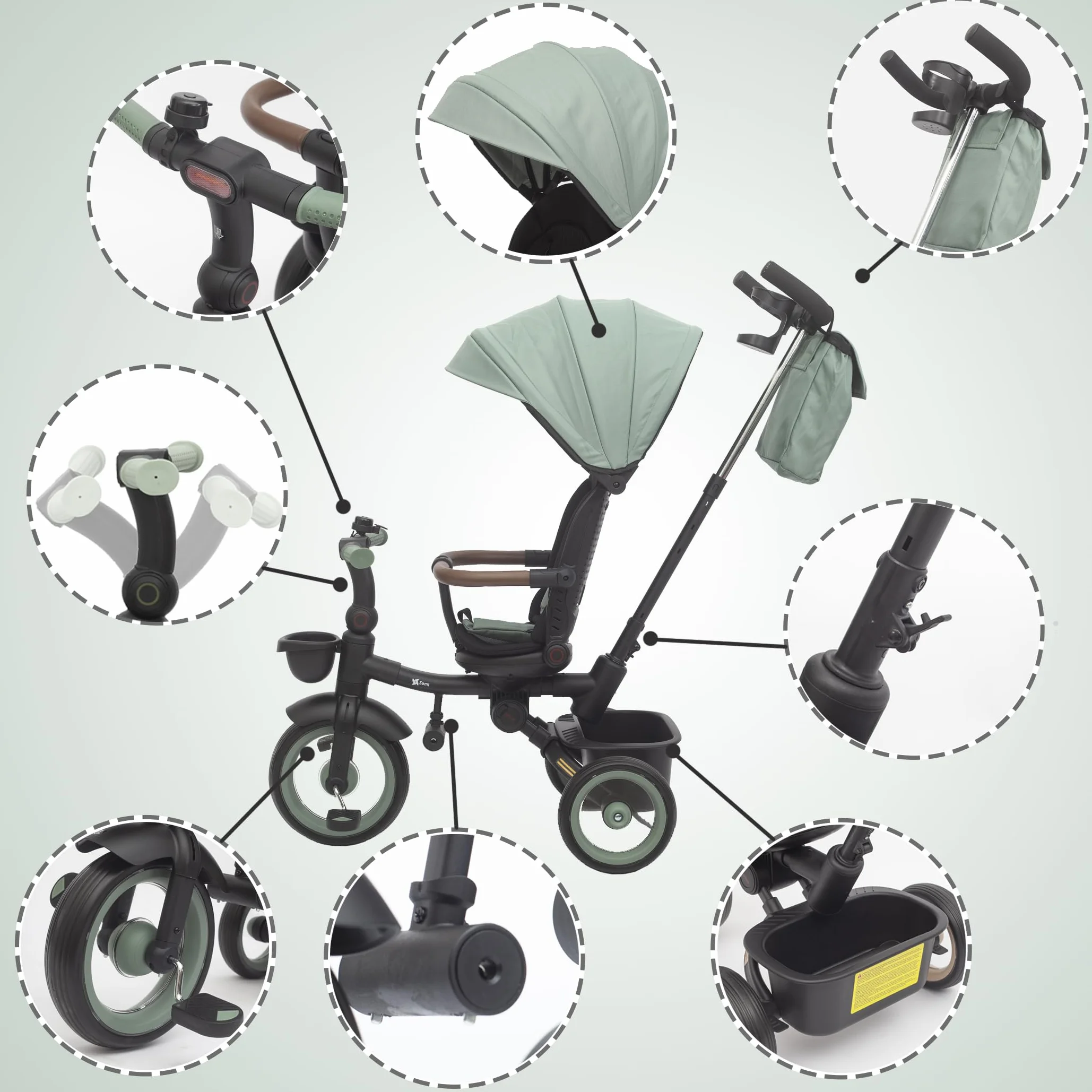 Twinly Triciclo Evolutivo Bebé Plegable Sami, Verde Oscuro | Asiento Reversible 360° , Respaldo Reclinable, Cinturón de 5 Puntos, Capota UPF50+, Plegado Compacto