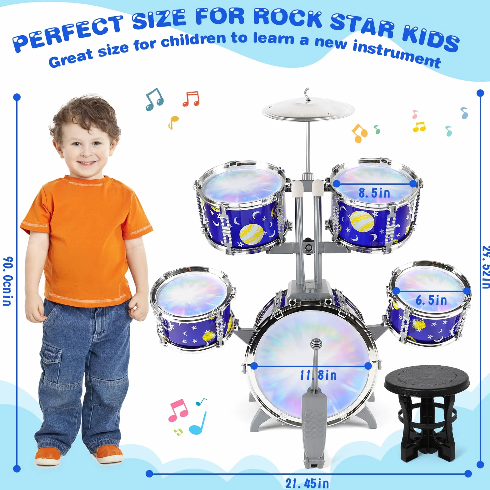 Bateria Infantil Musicales Niños con Luces y Kit de Tambores, Jazz Tambores con Taburete, Instrumentos Educativos para Niños 2-6 Años