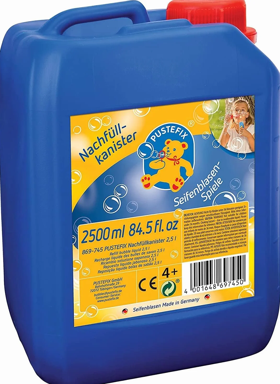 PUSTEFIX Bidón de Recarga I 2,5 l de líquido para Burbujas I Burbujas de Colores I Burbujas para Bodas, cumpleaños Infantiles, Festivales de Verano