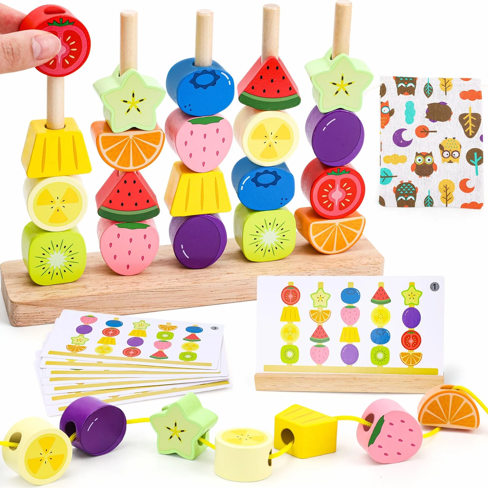 GiddyGlow Juguetes de Madera Montessori para Niños 2 3 4 Años： Juego Educativo con Ensartar Cuentas y Apilar Bloques para Motricidad Fina + Regalo Niña Niño 2-5 Años
