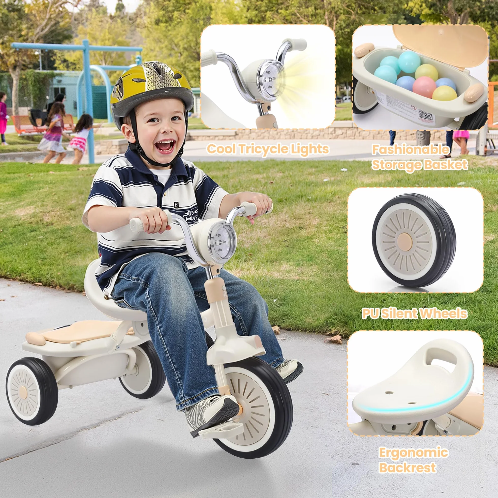 UBRAVOO Bebés Triciclo Plegable, con Pedales, Luces Geniales, Ruedas Duraderas y Asiento Cómodo, Triciclo para Niñas y Niños de 1 a 5 Años (Blanco)