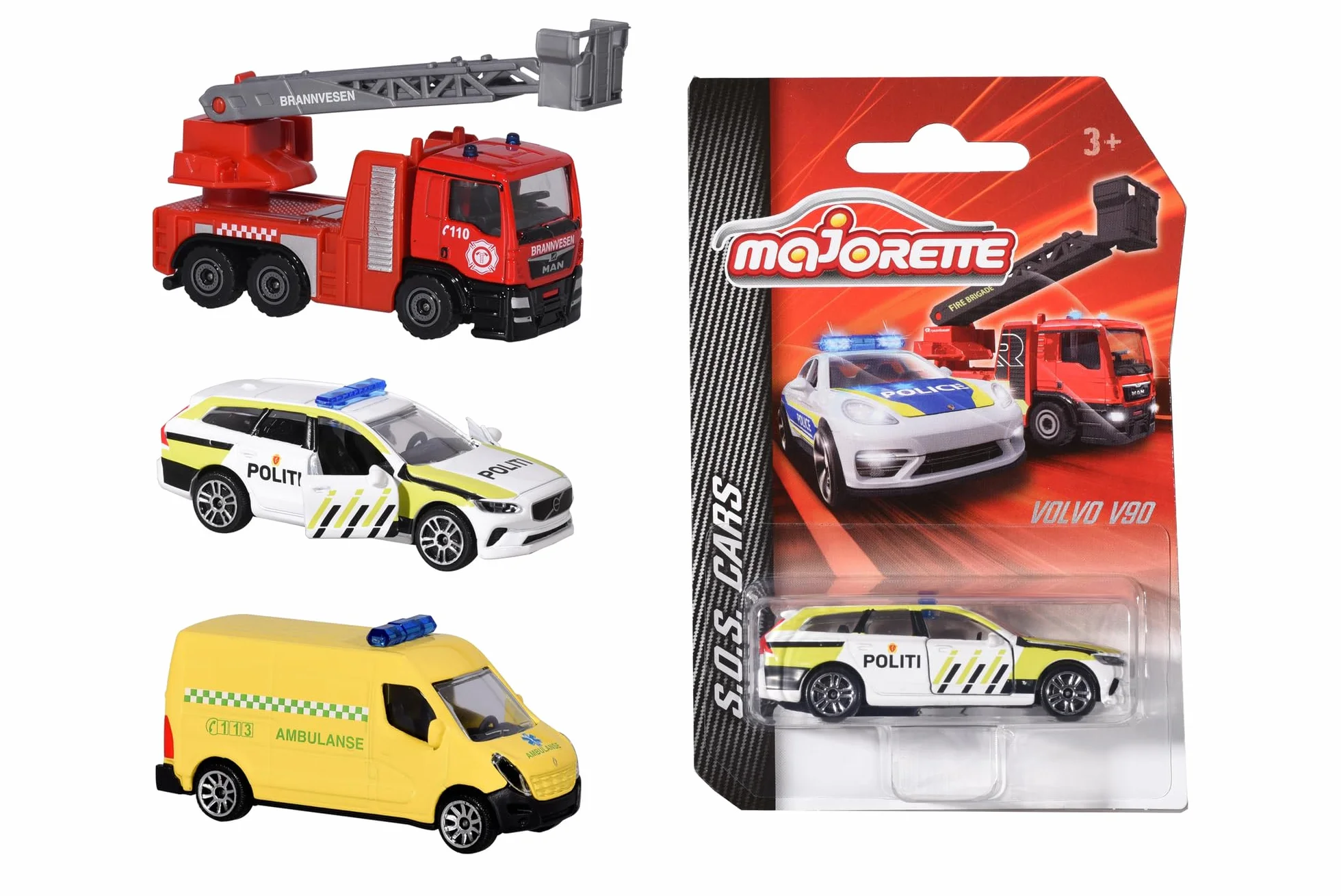 Majorette 212057182007 Vehículos de rescate noruegos Vehículos de rescate noruegos, disponibles como camión de bomberos, coche de policía Volvo V90 o ambulancia, 7,5 cm, ab 3 (varios)