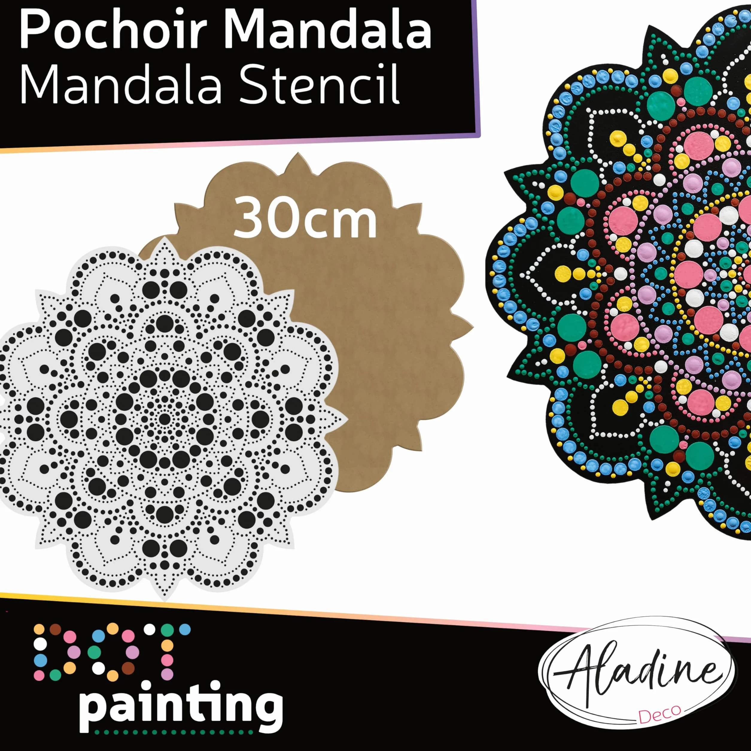 Aladine 85505 - Kit de plantilla y soporte Mandala de 30 cm para crear Mandalas de punto Painting – Pintura sobre guijarro, madera, tejidos, lienzos – Dotting Paint Points – Ocio creativo