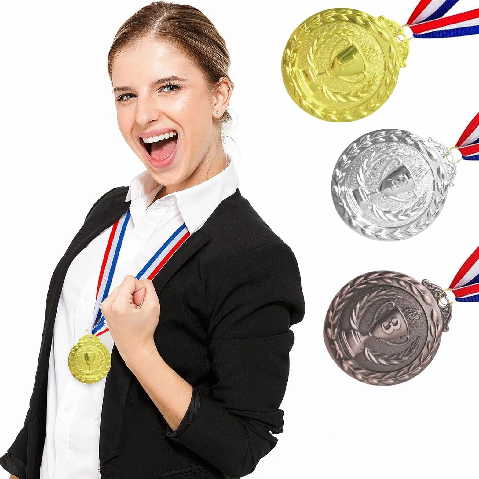 Medallas de premio bronce plateado dorado con cintas para el cuello, paquete de 12 para niños competiciones fiestas deportes
