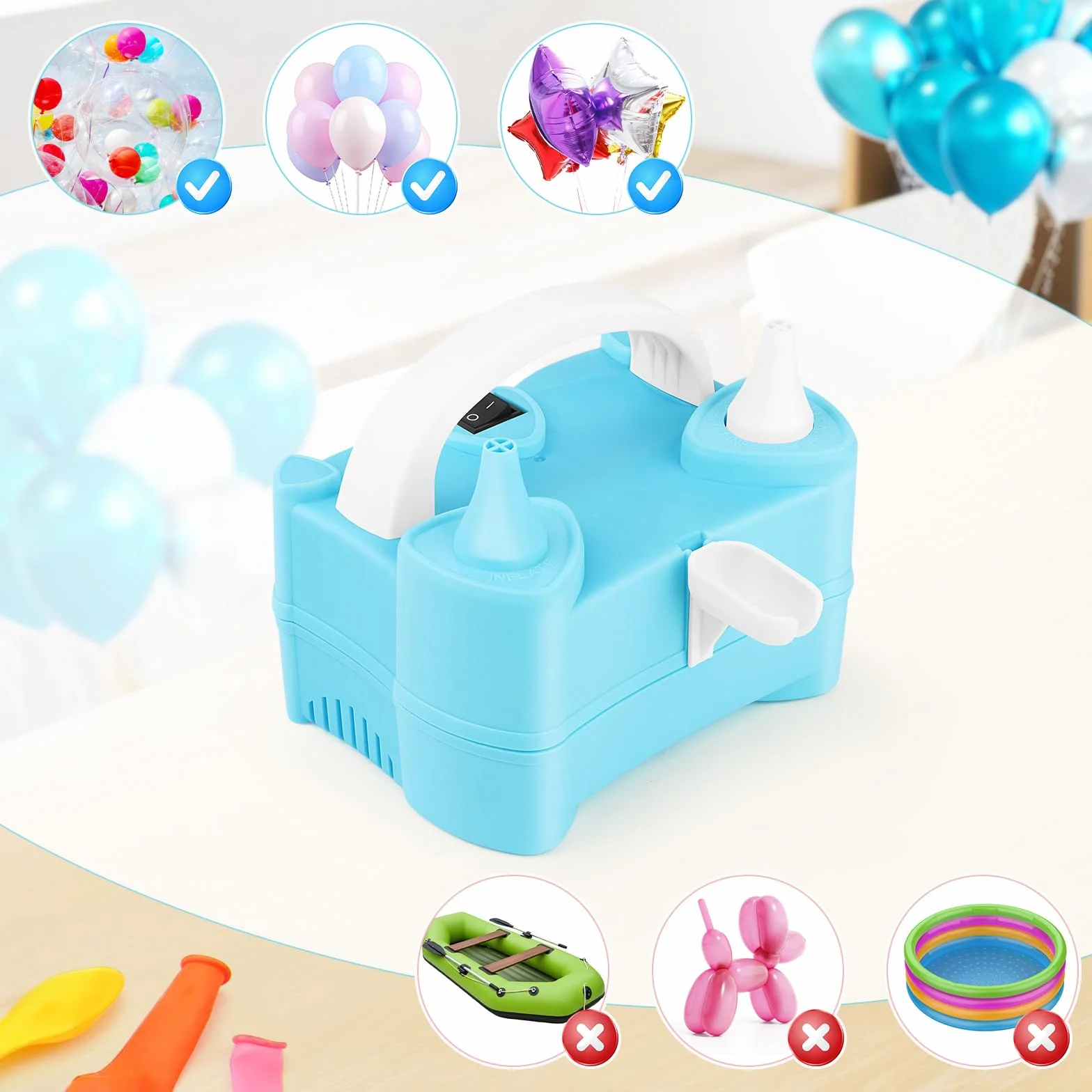Inflador Globos Eléctrico 220V Doble Boquilla Portátil Bomba de Aire para Fiestas
