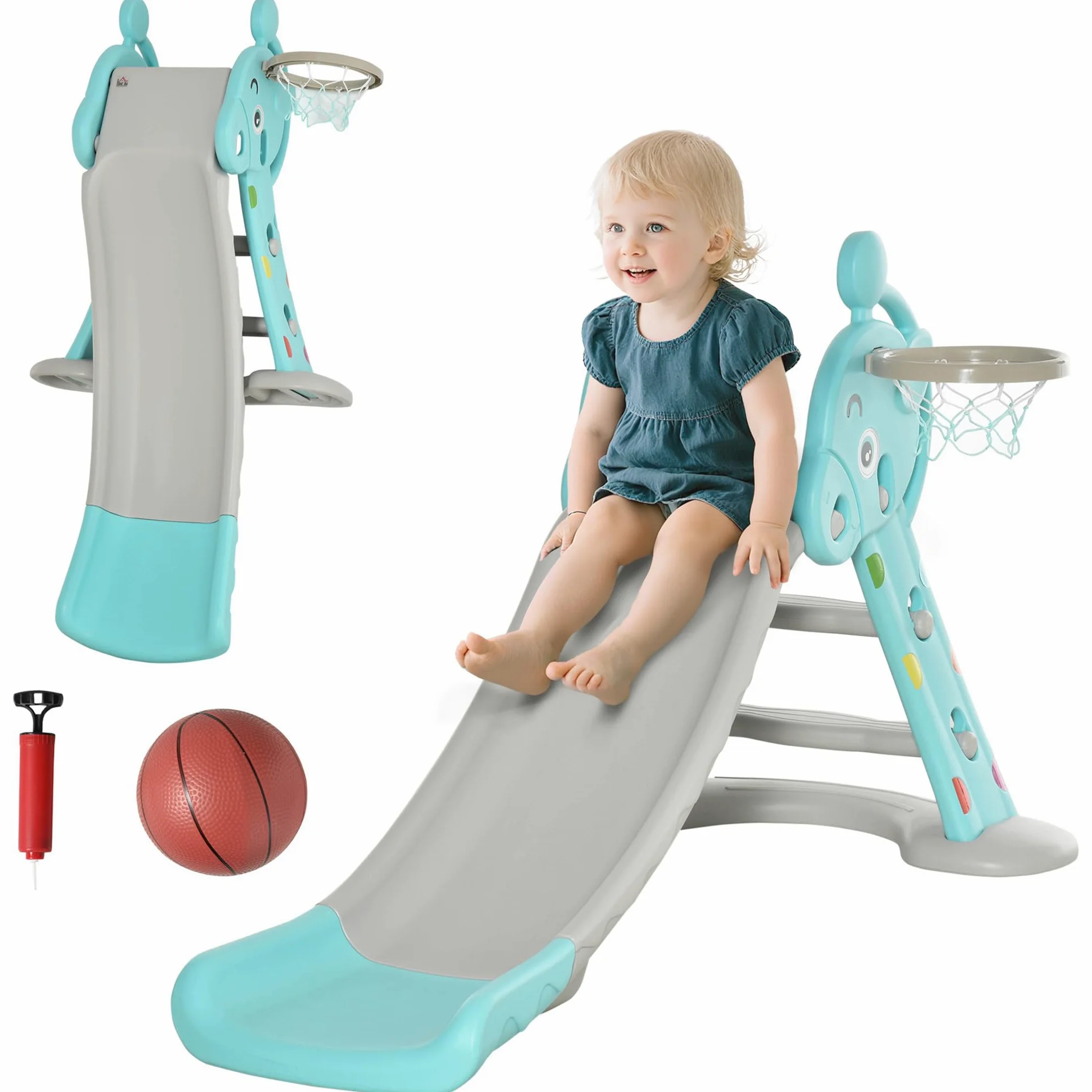 HOMCOM Tobogán para Niños +18 Meses Plegable 2 en 1 con Canasta de Baloncesto Modelo Jirafa Juguete Infantil para Interiores y Exteriores 147x82x85,5 cm Azul y Gris