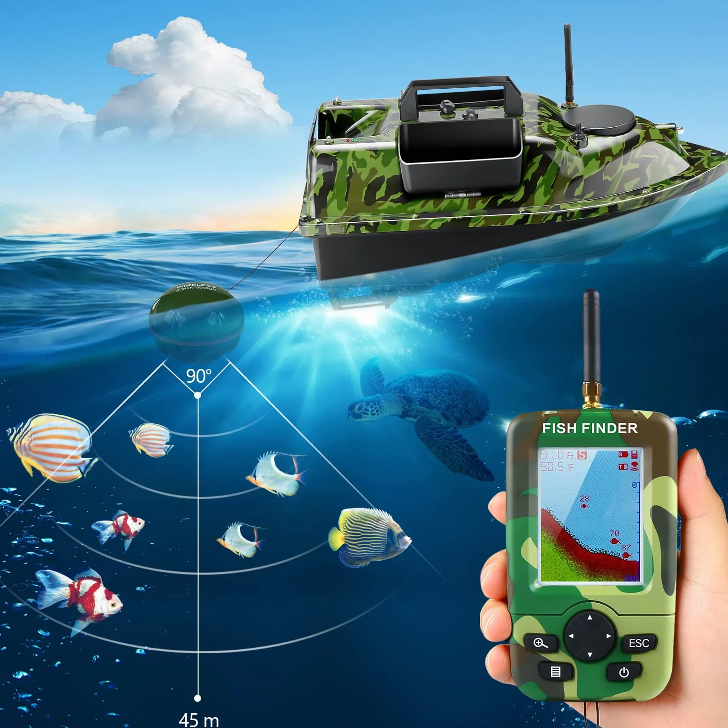 barco de cebo GPS con echólot y GPS, 3 compuertas, suministro de cebo, pesca con sensor sonar, batería de repuesto, bolso (Camo Boot con buscador de pescados)