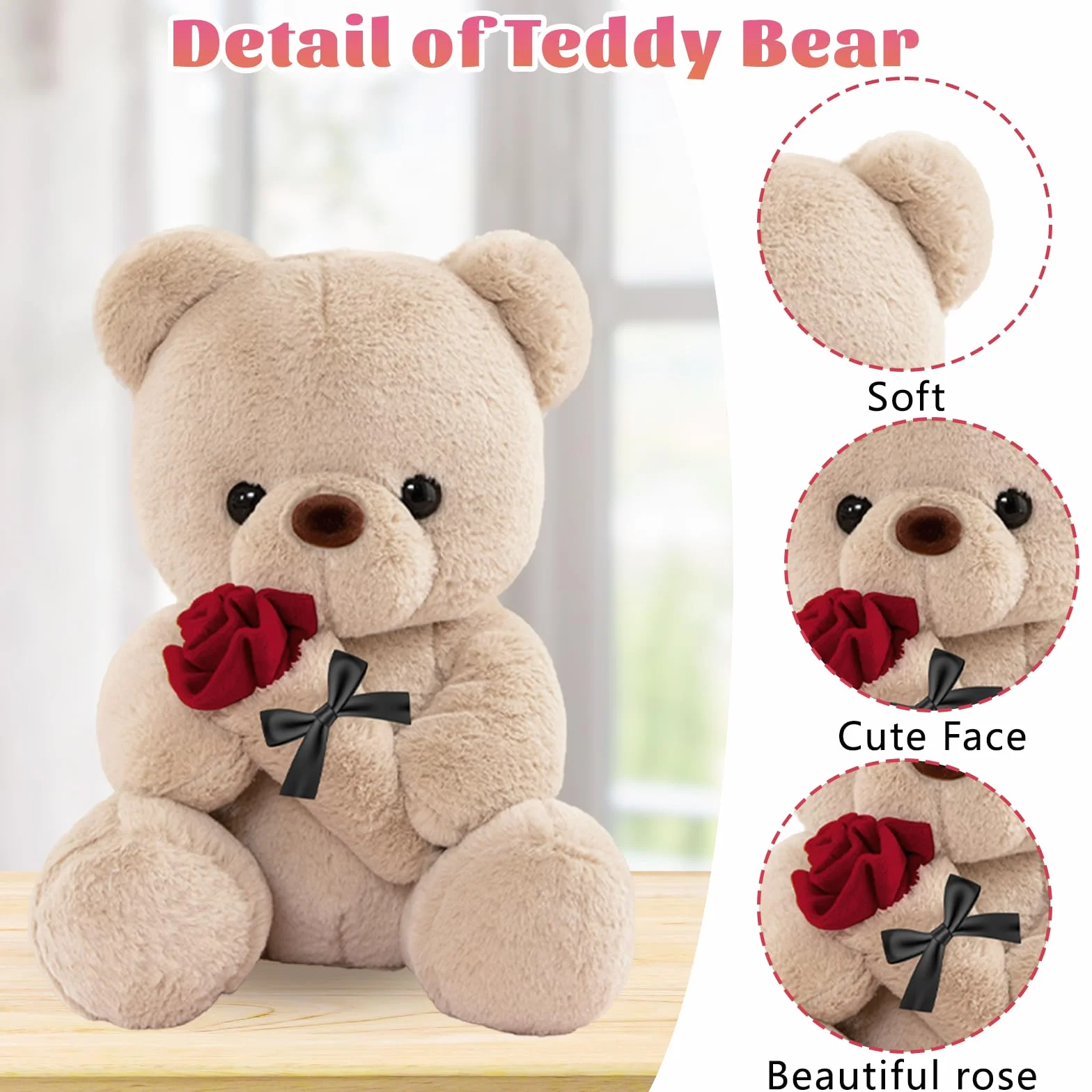 Oso de Peluche con Rosa, Regalos Originales para Mujer, 25cm Oso de Peluche Osito Peluche Tierno Juguete de Peluche con Marrón Regalo Sant Jordi Aniversario Cumpleaños Boda para Mujer Amiga