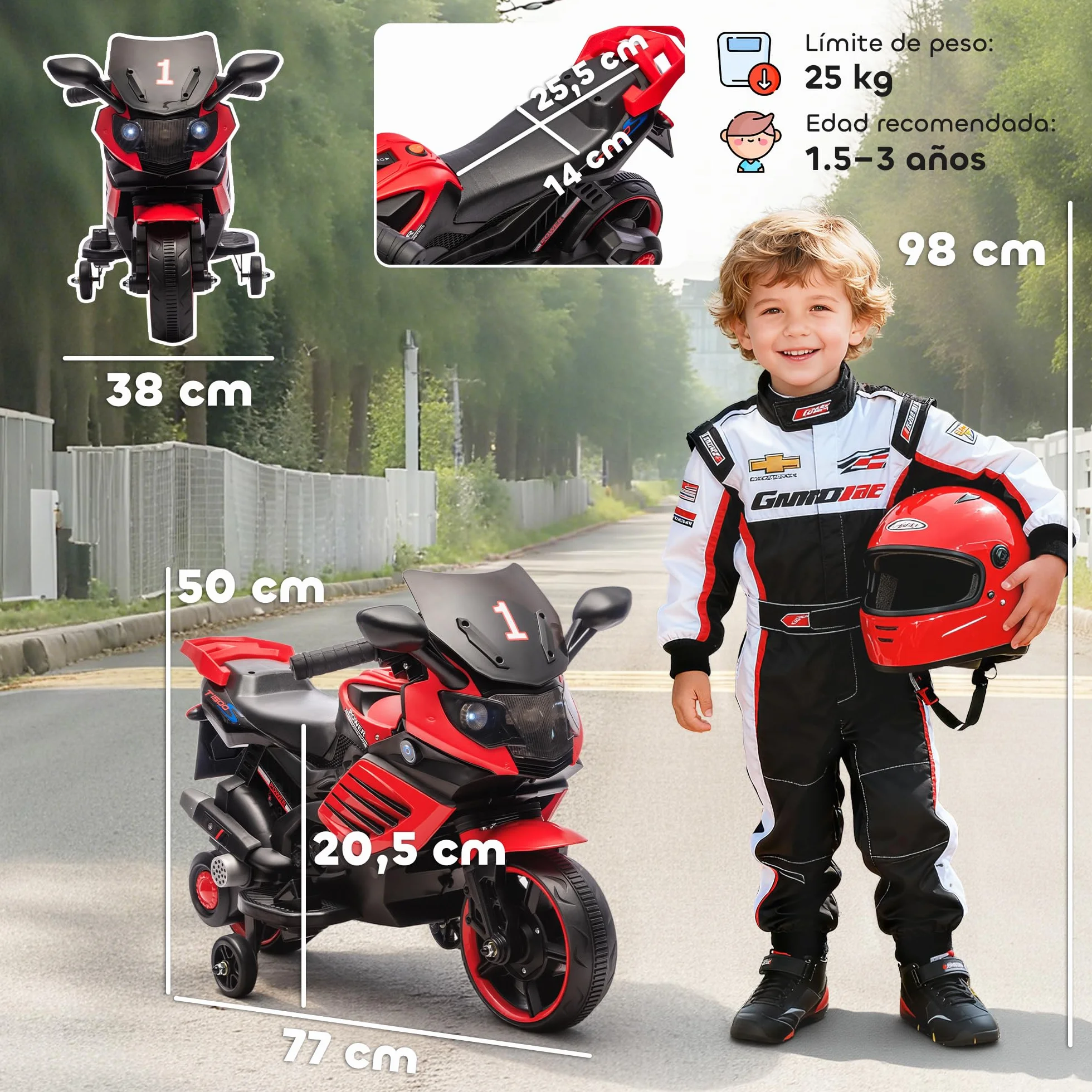 AIYAPLAY Moto Eléctrica para Niños 6V, con Ruedas de Apoyo, Música, Faro, Rojo