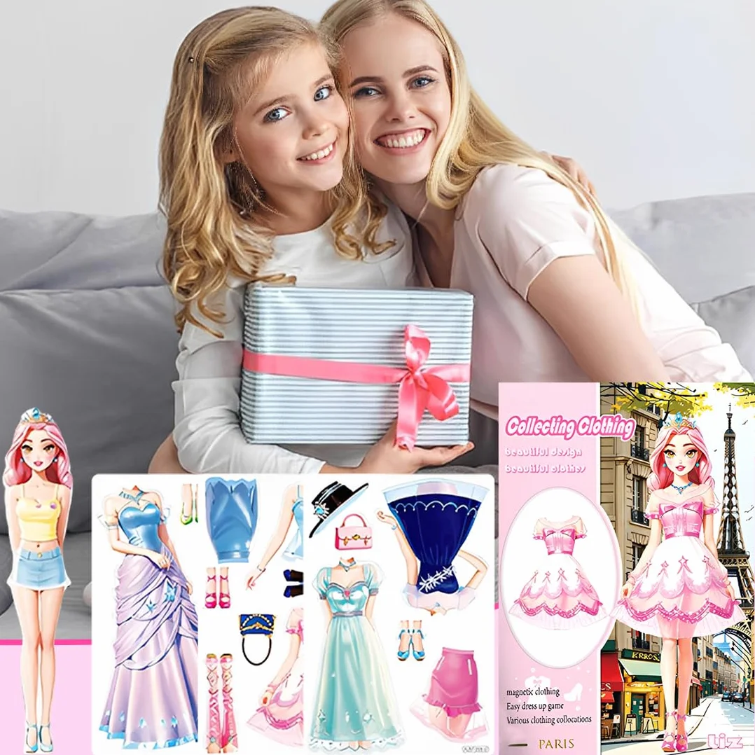 Muñecas de Vestir Magnéticas Muñeca de Papel de Vestir de Princesa Juguete de Juego de Viaje de Simulación y Juego Muñeca de Portátil para Vestir Princesas Regalo para Niña (Liz)
