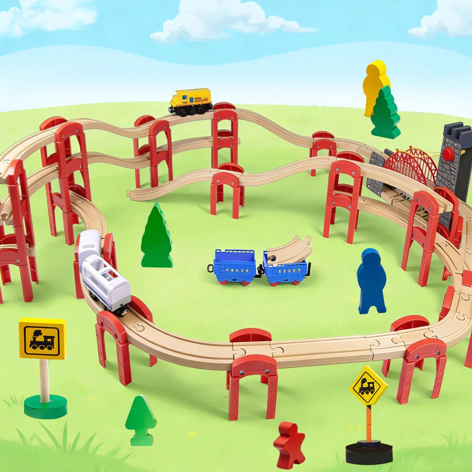 Accesorios para Tren de Madera, 14 Piezas, Compatibles con Todos los Sistemas de Rieles de Madera, Aptos para Niños de 3 Años