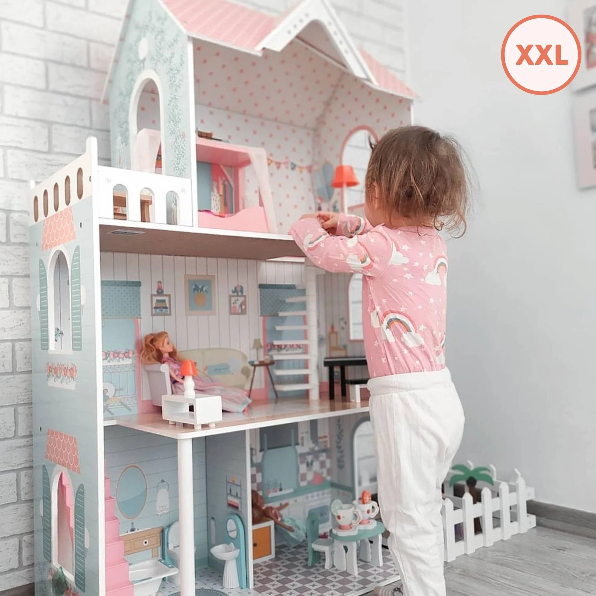 Mamabrum Casa de Muñecas de Madera XXL con LED – Casita de Muñecas de 3 Pisos con Muebles, Jardín y Accesorios – Casa de Barbie de Madera Educativa para Niñas +3 Años