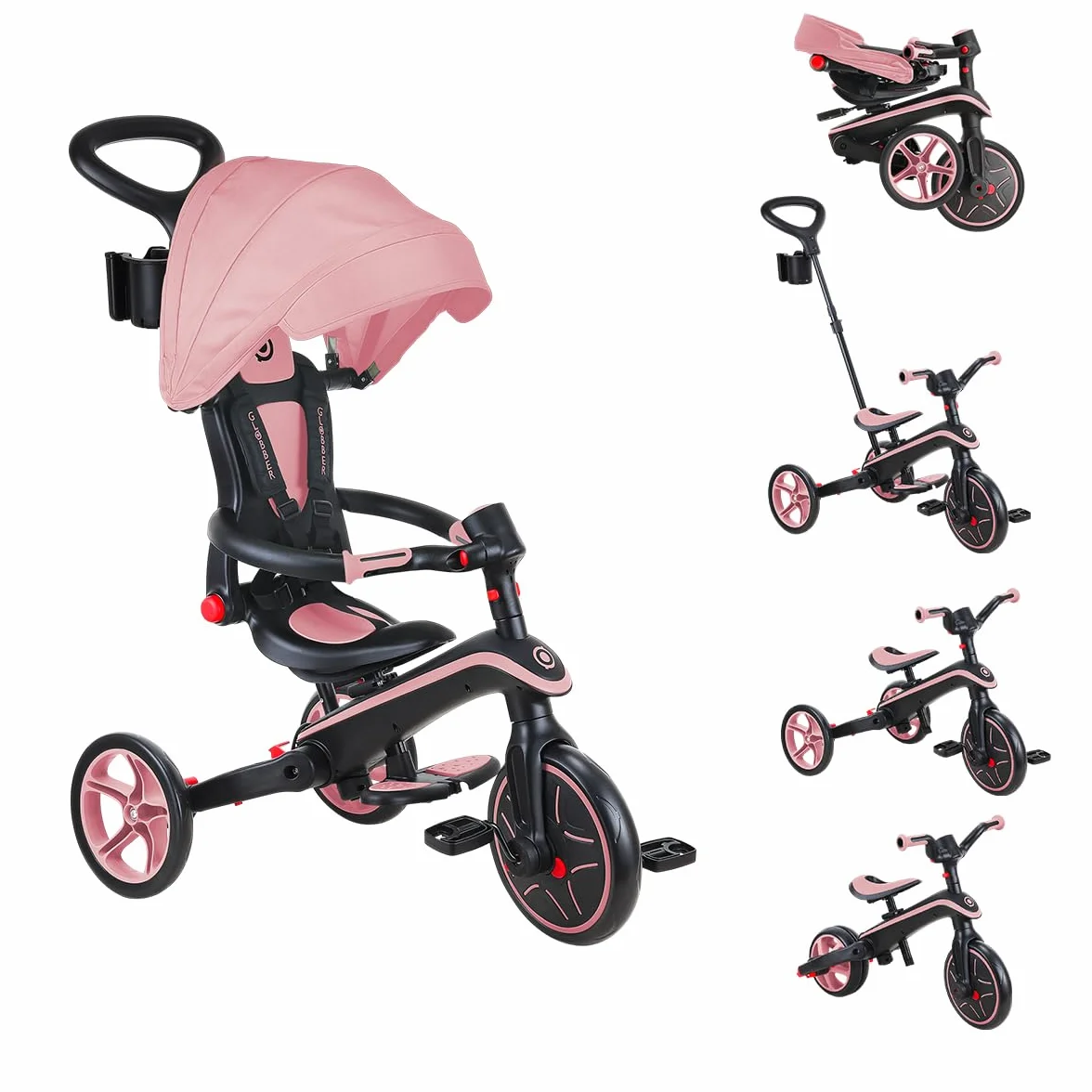 Globber Tricycle Explorer 4 en 1 - Triciclo Plegable y escalable en draisiana para niños de 10 Meses a 5 años - Pastel Rose