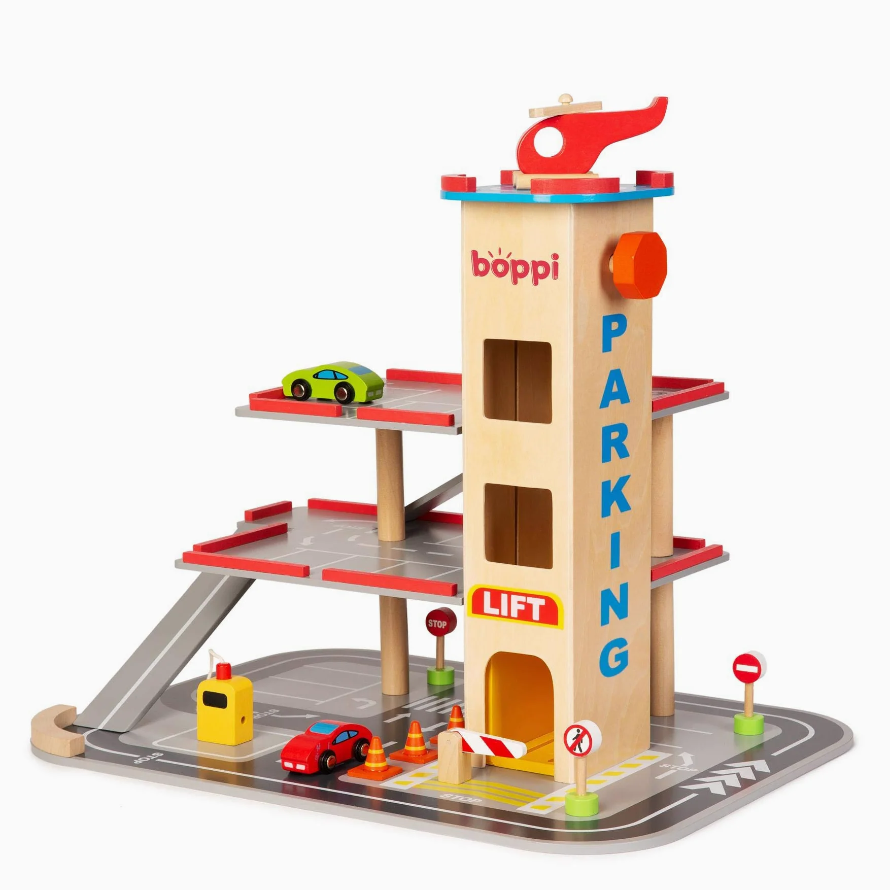 boppi Garaje y Aparcamiento de Madera de Juguete de 39 cm de Alto para niños de 12 Piezas, con Ascensor Funcional a Las 3 Plantas, gasolinera, señales de tráfico, 2 Coches de Juguete y un helicóptero