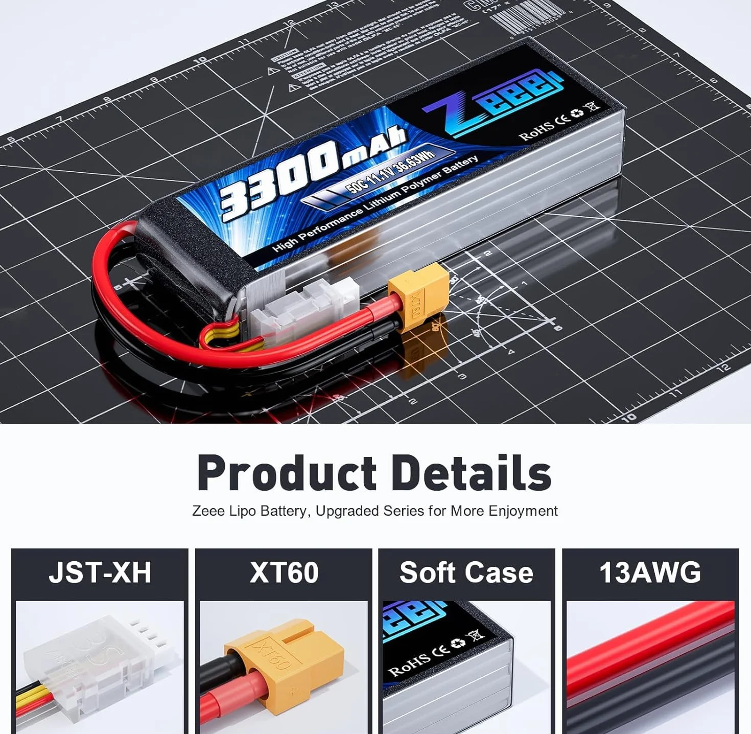 Zeee 3S Lipo 3300mAh 11,1V 50C Batería RC con Conector XT60 para Coche RC, avión RC, helicóptero RC, pasatiempo RC (2 Piezas)