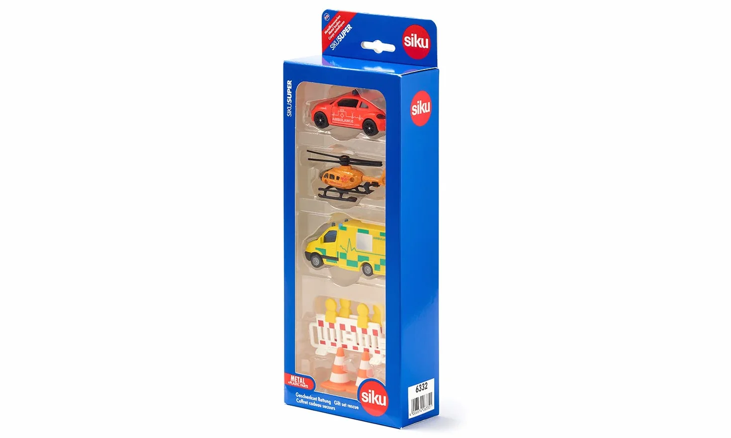 Siku 6332, Set de vehículos de Rescate, Ambulancia VW Beetle, Vehículo de Salvamento Mercedes, Helicóptero de Rescate, Set de Juguete, Plástico/Metal, Multicolor, Incluye 2 balizas y 2 Conos
