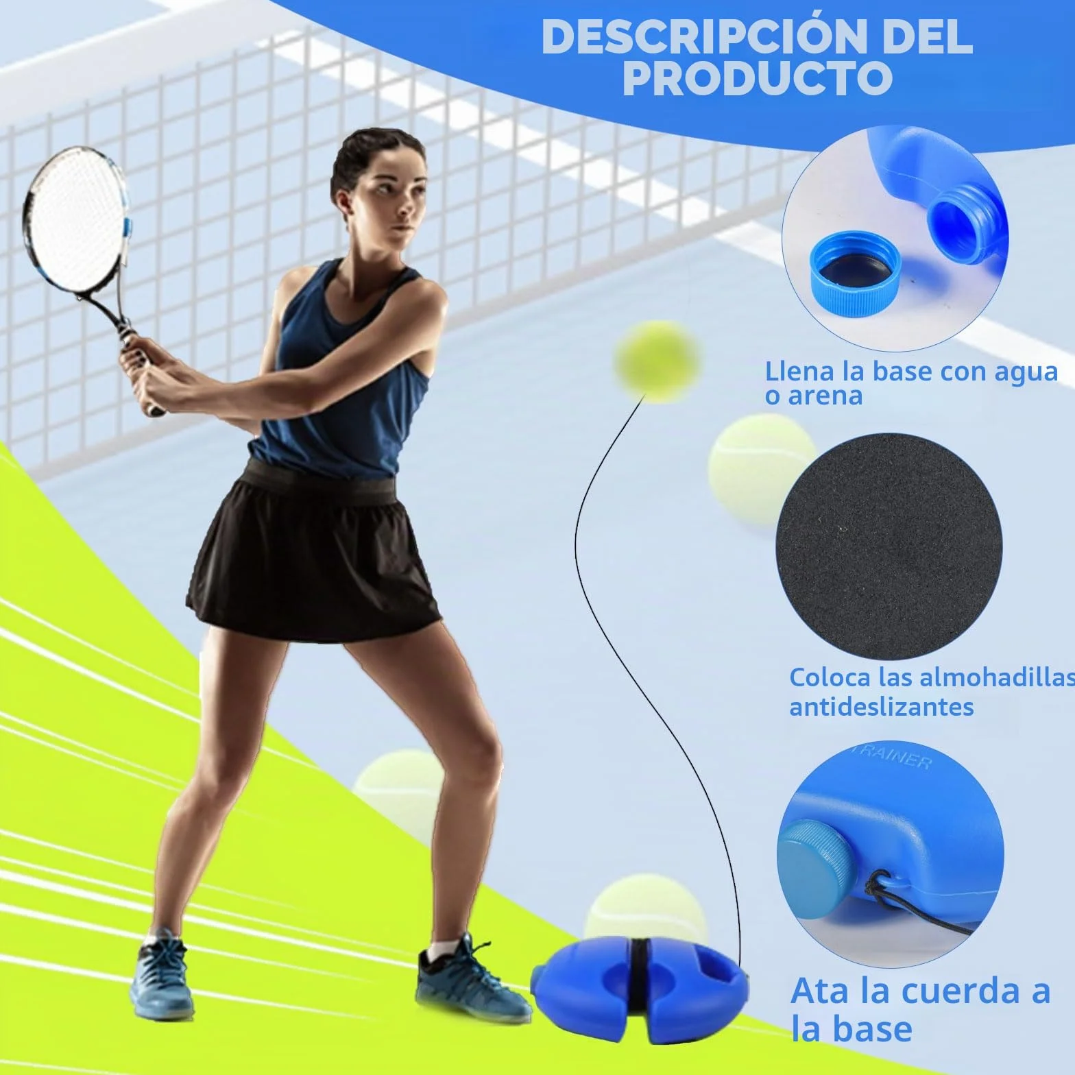 Funmo Juego de entrenador de tenis, tabla de base con 2 pelotas de rebote, banda de goma