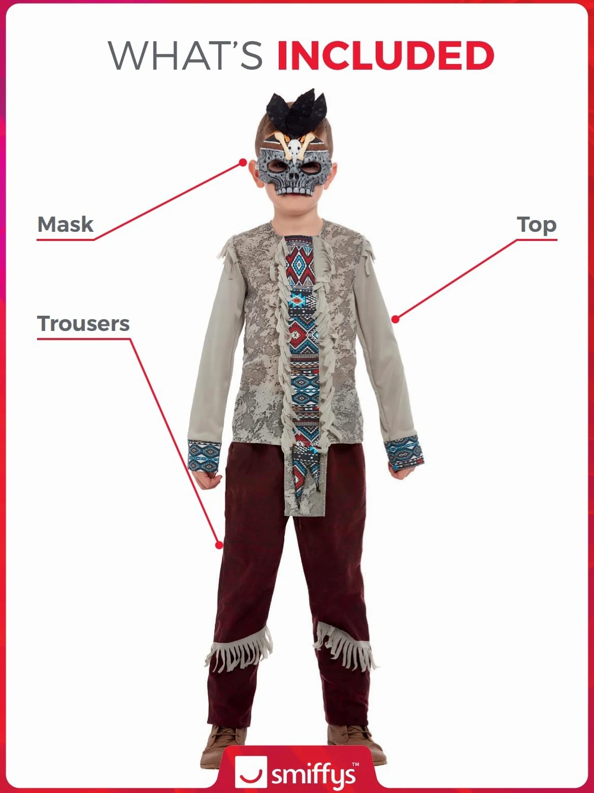 Smiffys Disfraz de indio oscuro, Gris, Parte superior, pantalones y sombrero Halloween, Carnaval