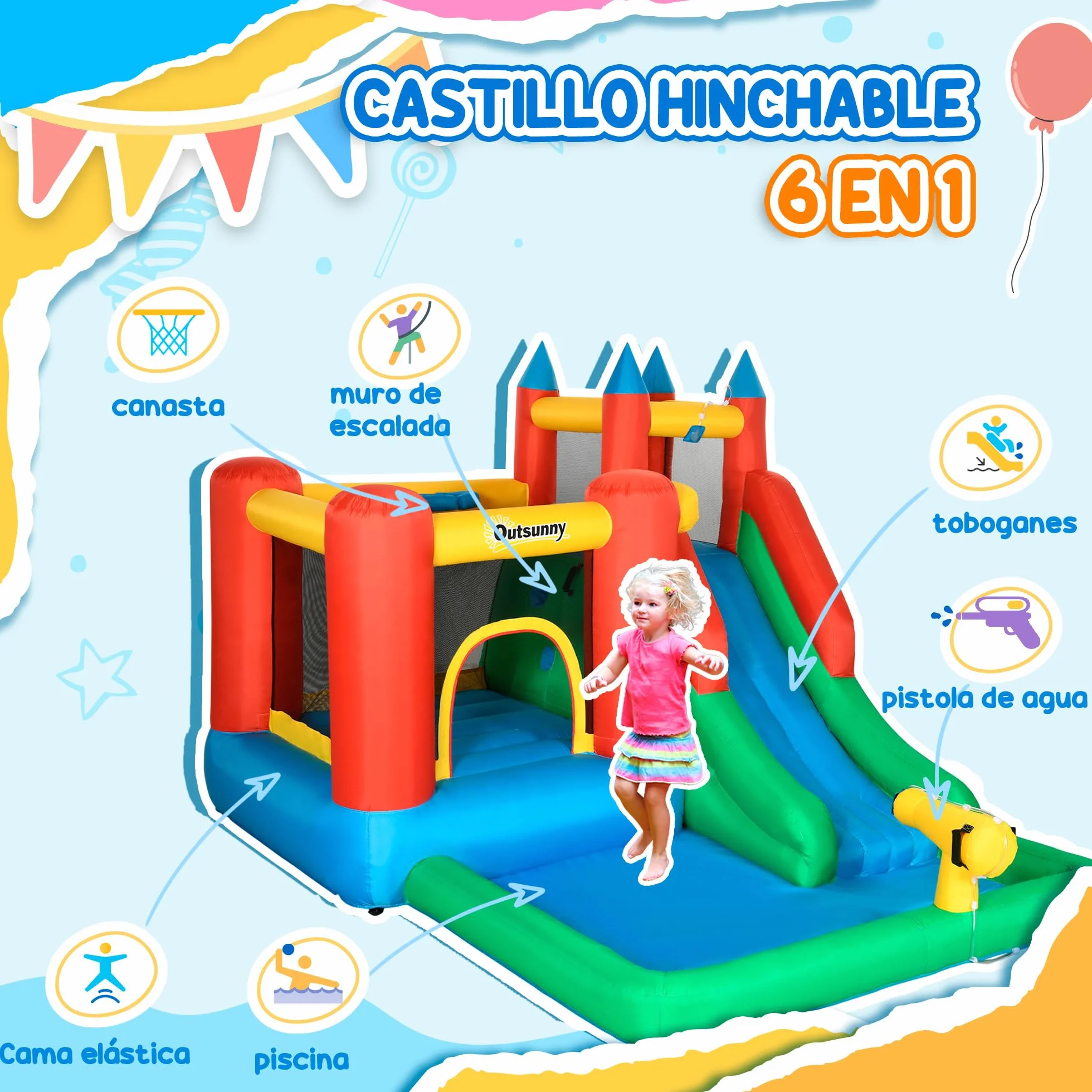 Outsunny Castillo Hinchable para Niños +3 Años 6 en 1 Castillo Inflable con Inflador Parque Acuático con Tobogán Zona de Salto Piscina y Bolsa de Transporte 330x245x215 cm Multicolor