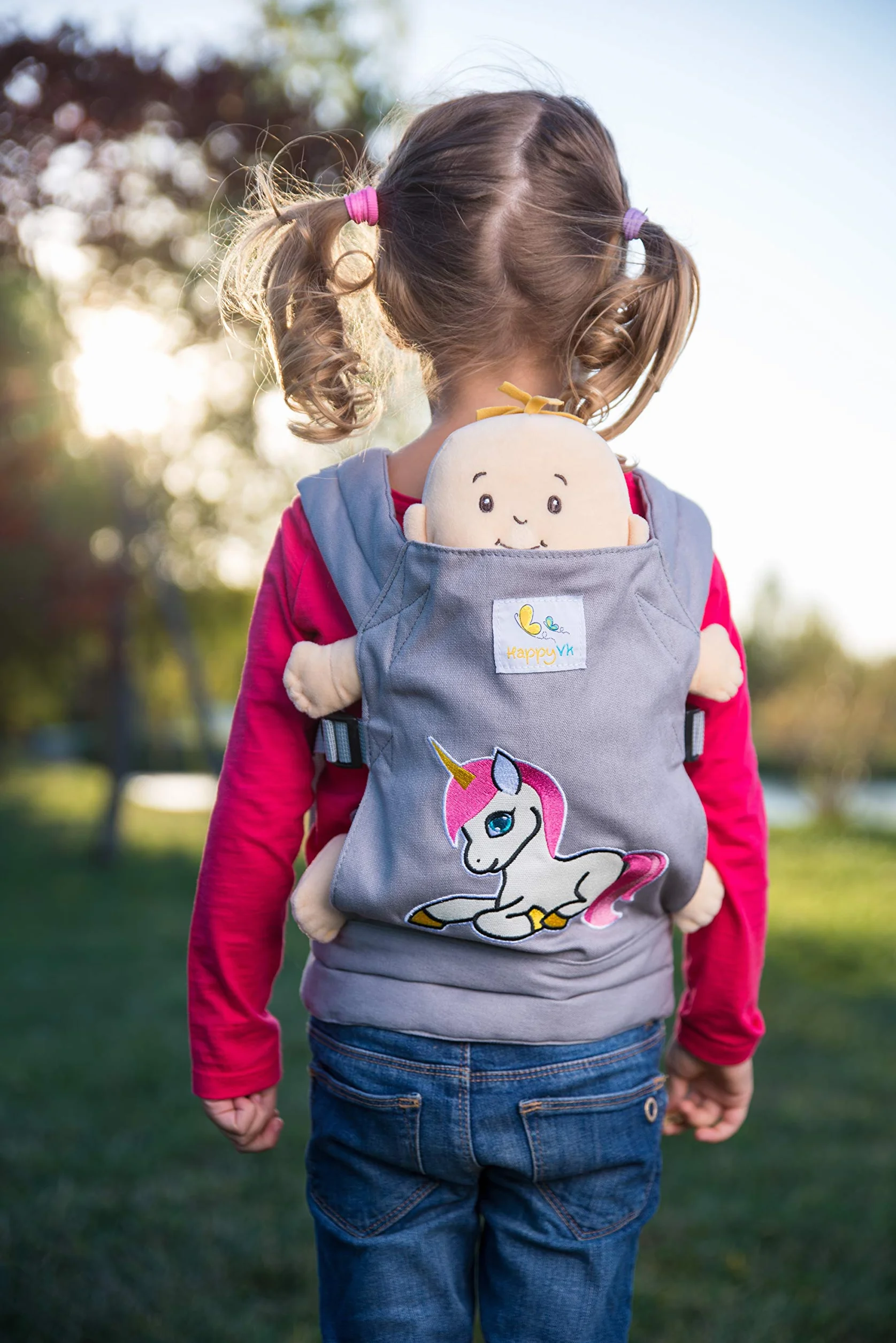 Mochila Portamuñecas para Niños Pequeños, Porta Muñecas Transporte Delantera y Trasera, Gris con Bordado de Unicornio
