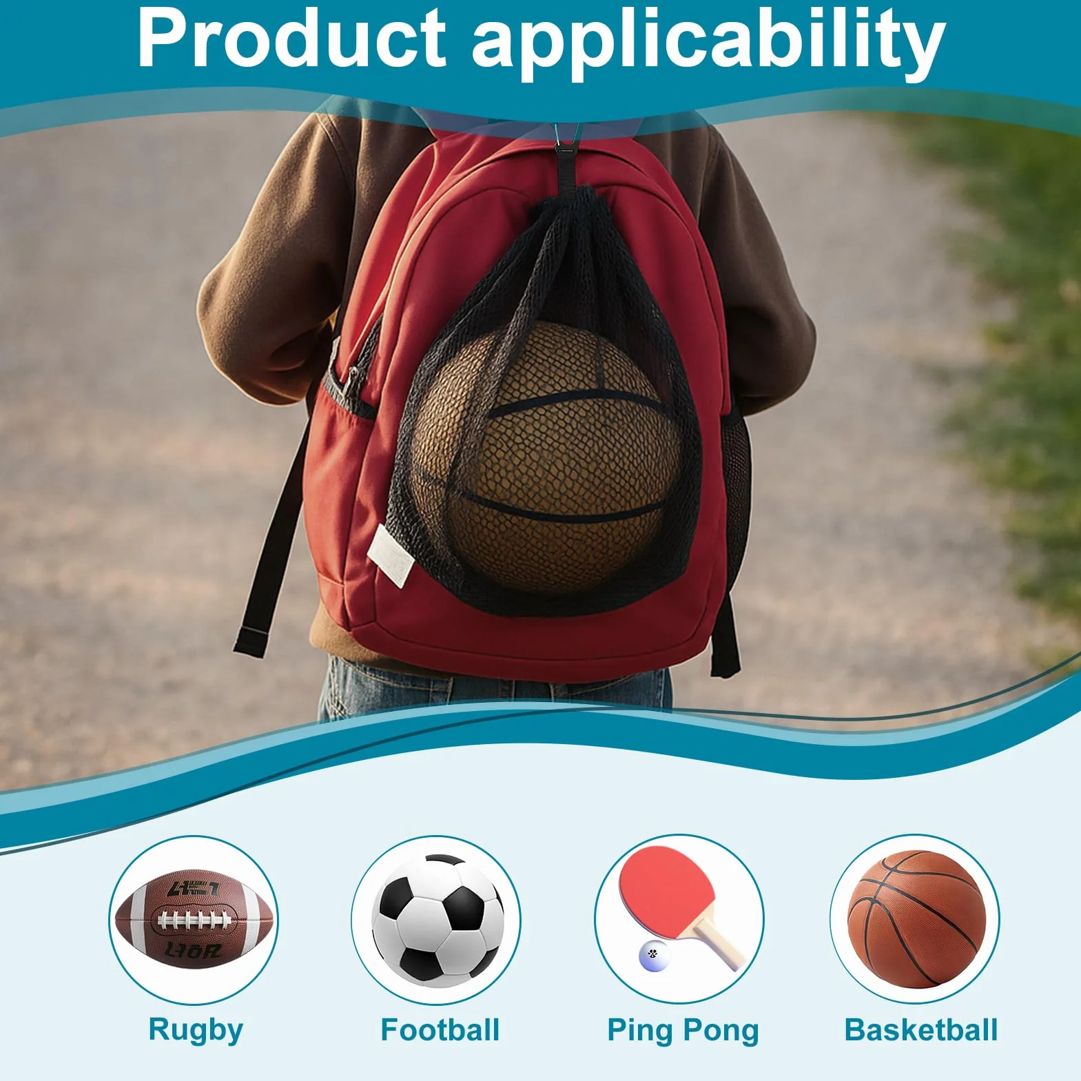 Bolsa Red para Balón de Malla Negra con Mosquetón para Baloncesto, Voleibol, Fútbol y Balonmano