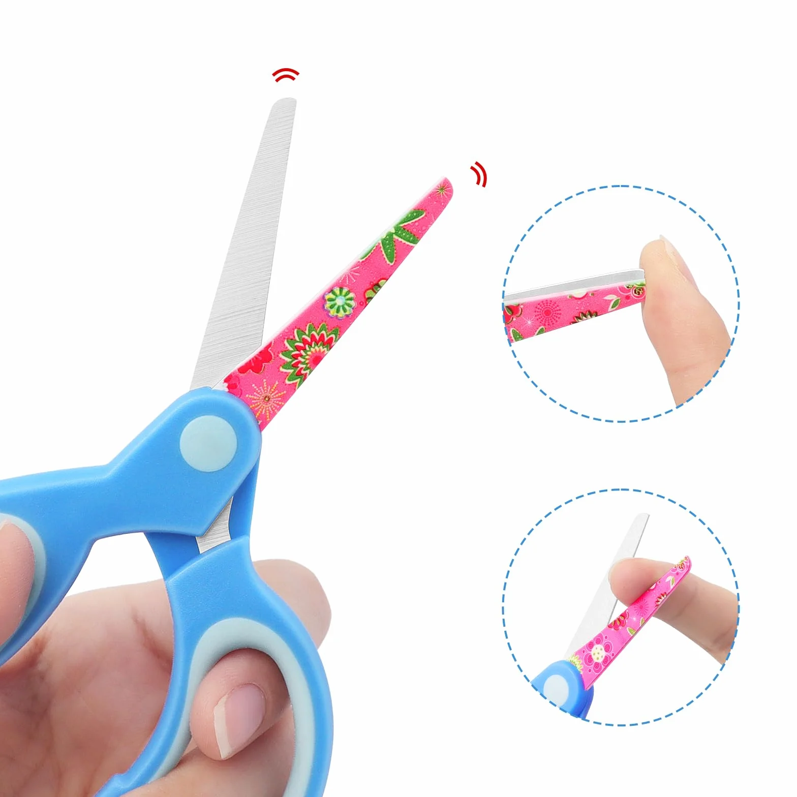 Tijeras para zurdos, tijeras de seguridad para niños, cuchillas de acero inoxidable, empuñaduras suaves, para uso con niños de 3 años en adelante, rosa, azul, rojo, paquete de 3 pares