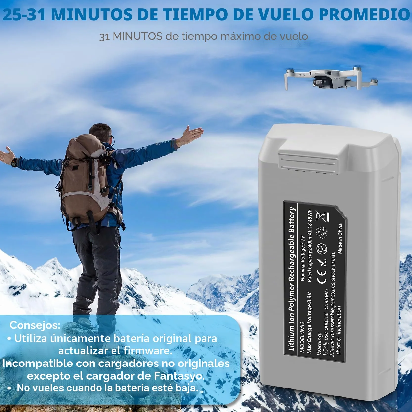 Fantayso Smart Flight Mini 4K/Mini 2 Batería 1 Pack 2400mAh Capacidad 31 Minutos Tiempo de Vuelo Máximo Compatible con DJI Mini 4K Mini 2 SE, Mini 2, Mini SE