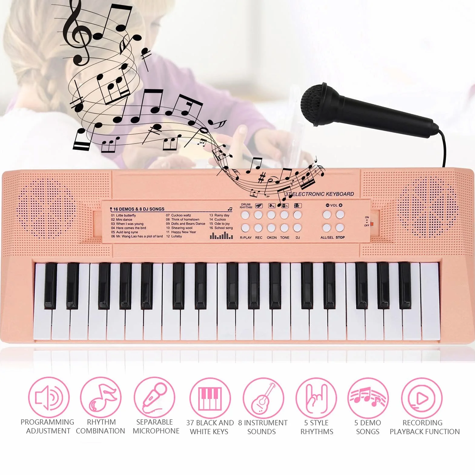 Ejoyous Teclado Piano eléctrico de 37 teclas, teclado musical portátil para principiantes con función de grabación, micrófono incluido, teclas blancas y negras, alimentación de batería USB AA (rosa)