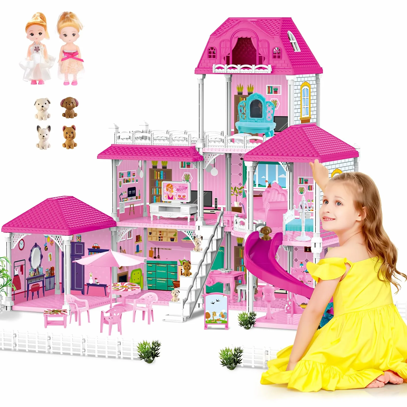 deAO Casa de Muñecas, 3-stöckige Grande Dream Doll House (83 * 52 * 63cm) con Accesorios 2 Muñecas, 4 Figuras Perros Miniatura, Muebles, Toboganes, Casita de muñecas para niñas(Dollhouse Plastico)