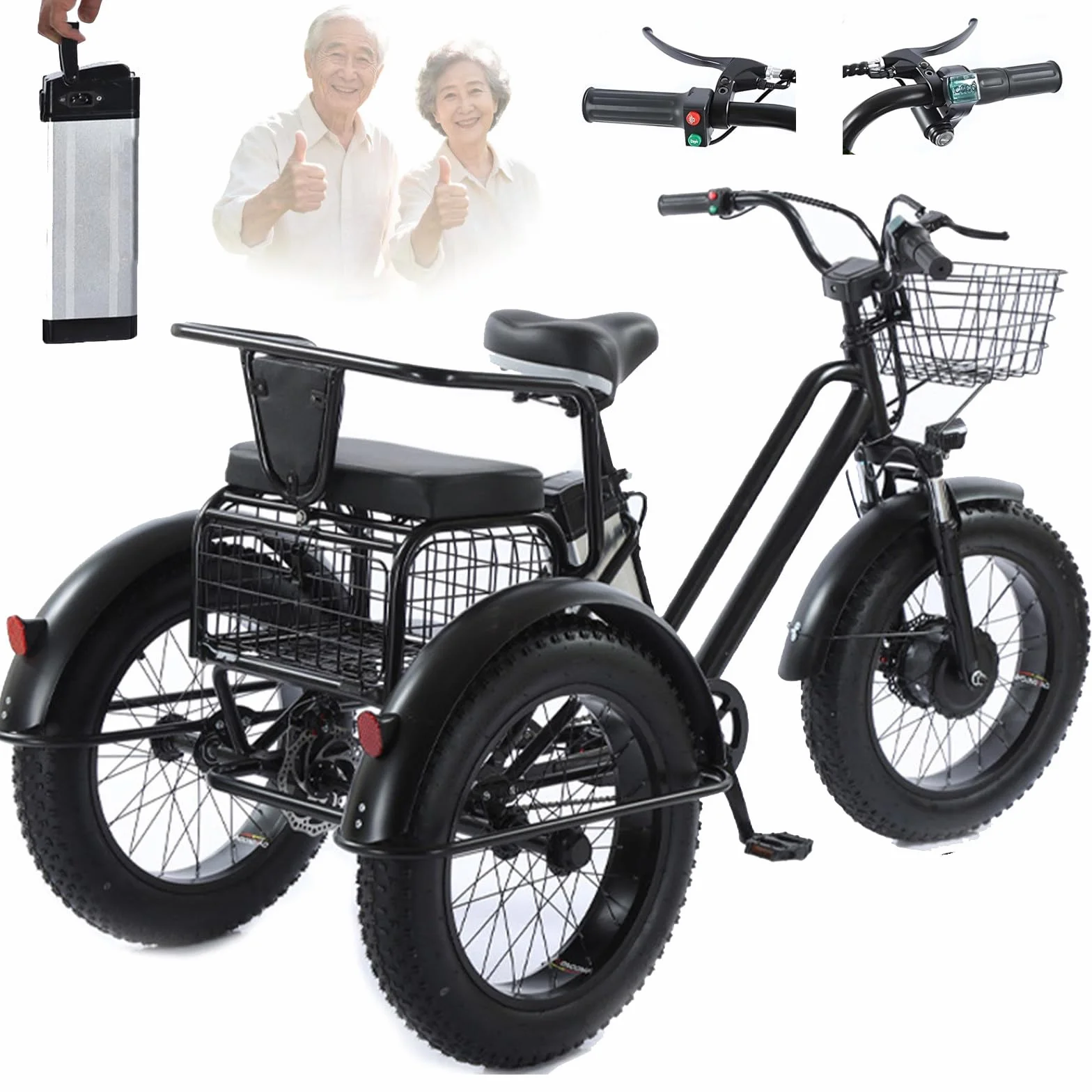 Triciclo Eléctrico Para Adultos,Con Neumáticos Anchos Todoterreno De 20" X 4.0,Cesta De La Compra Y Asiento Trasero,Batería Extraíble De 48v/12ah,Carga 200 Kg,Ideal Para Ir De Compras, Pícnics