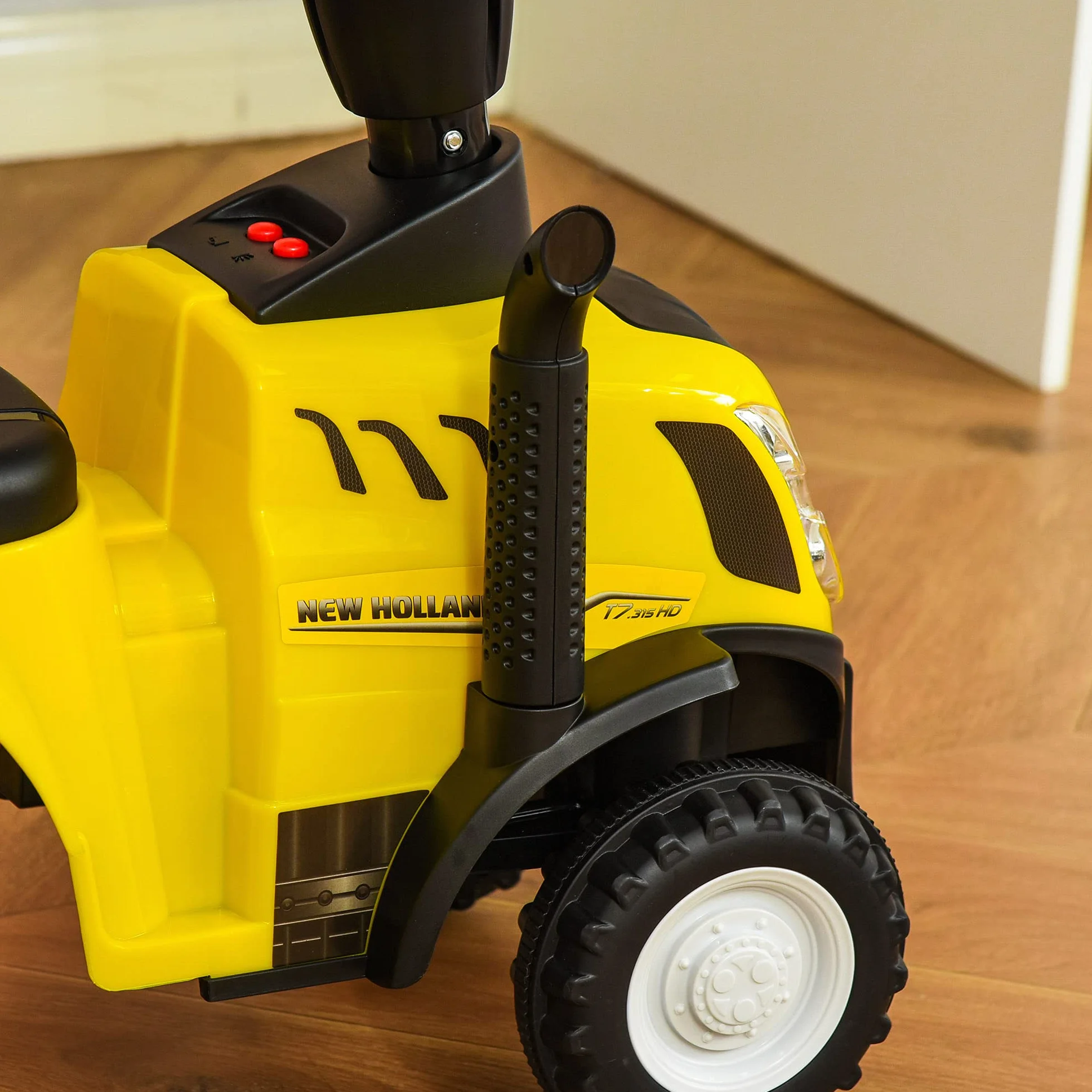HOMCOM Tractor sin Pedales para Niños de 12-36 Meses con Remolque Extraíble Coche Correpasillos con Bocina Faros Pala Asiento de Suelo 25 cm y Rastrillo Carga 25 kg 91x29x44 cm Amarillo
