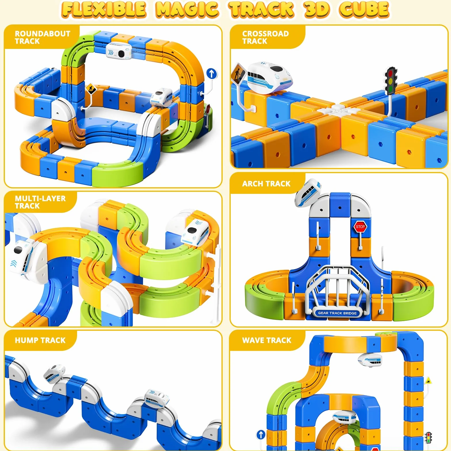 Tren Eléctrico Niños 225 Piezas (80 Vías + 2 Trenes) – Gran Pista Flexible 3D Antigravedad Circuito Tren Electrico, Juego de Construcción Stem DIY, Trenes Motorizados USB, Regalo 3-10 Años