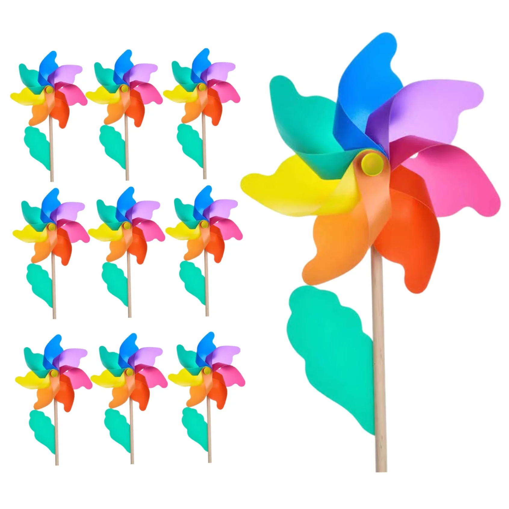 Molino de viento de plástico colorido de 7 pulgadas para niños con poste de madera de 15.8 pulgadas, 10 molinillos para patio y jardín.