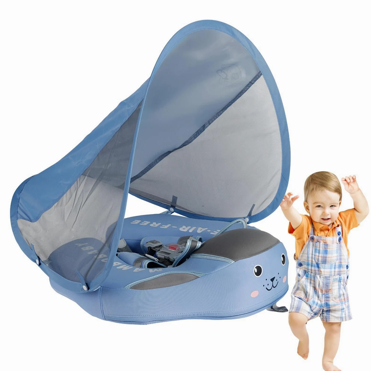 Ayuda de natación para bebé, anillo de natación para niños pequeños sin inflar, ayuda de natación antivuelco con protección solar para 3-24 meses, para vacaciones en la playa, viajes y baño al aire