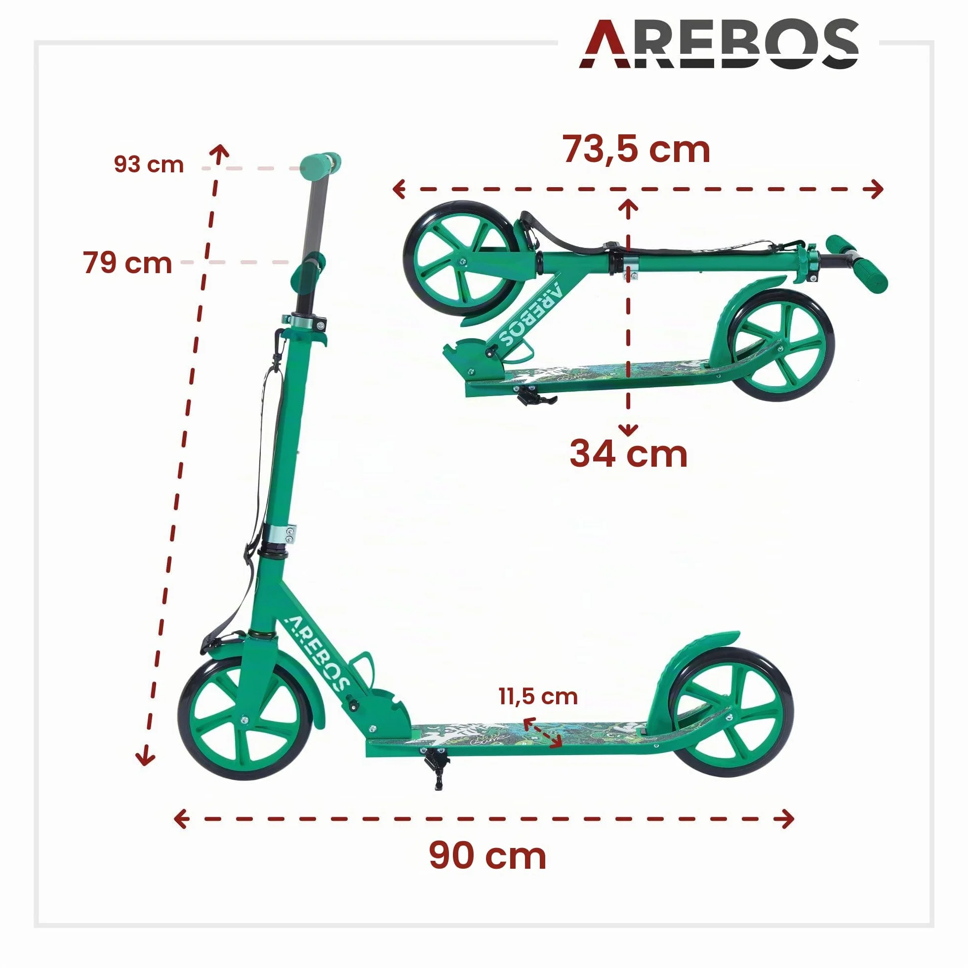Arebos City Scooter Patinete a Pedales Patinete Regulable en Altura | Plegable | Incl. Correa de Transporte | Ruedas XXL | Freno de Pedal |para niños y Adultos |100kg de Capacidad de Carga