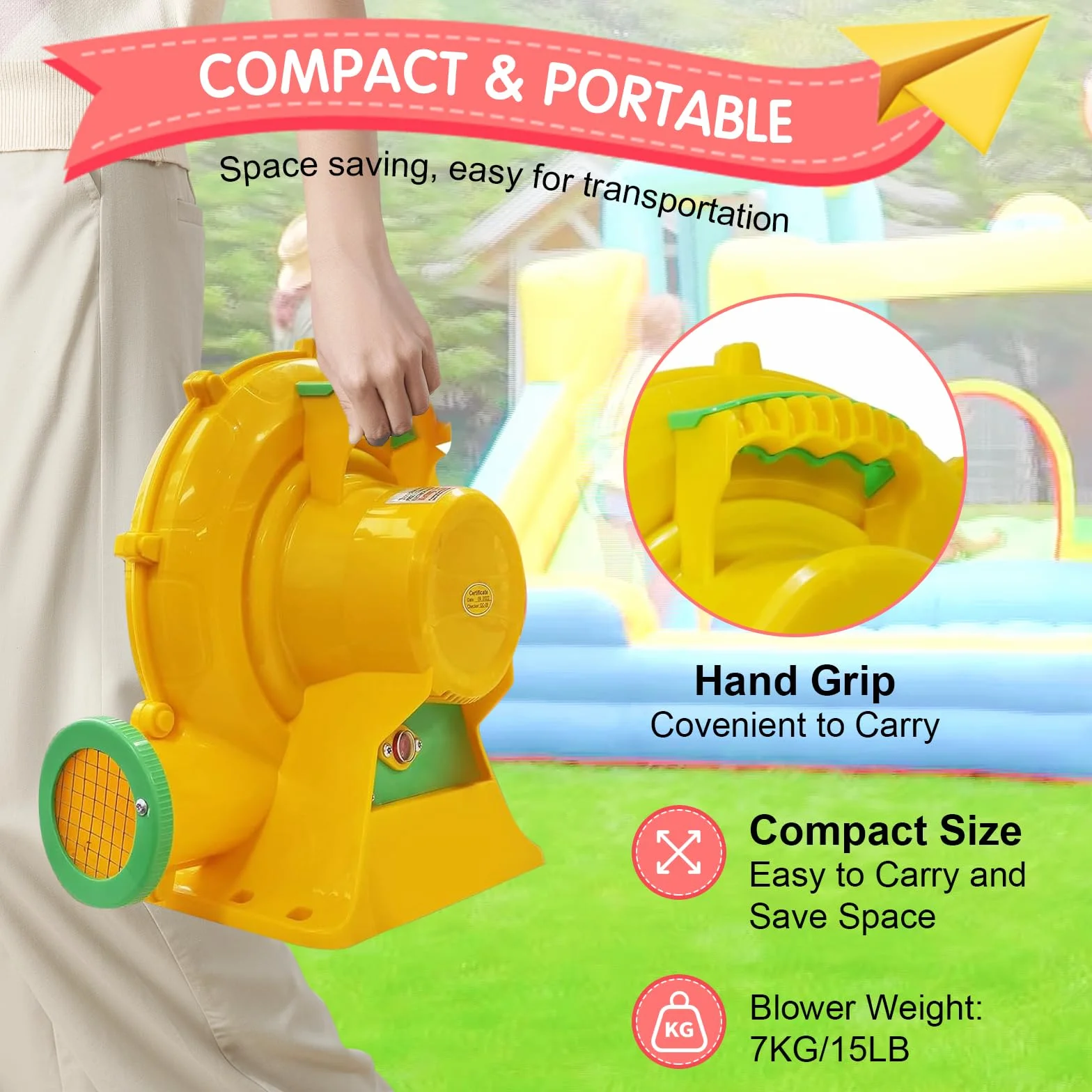 750W Soplador Eléctrico y Bomba de Aire con Mango y Estacas, Ventilador de Extracción Comercial para Castillo Hinchable, Castillo Inflable, Tobogán de Agua
