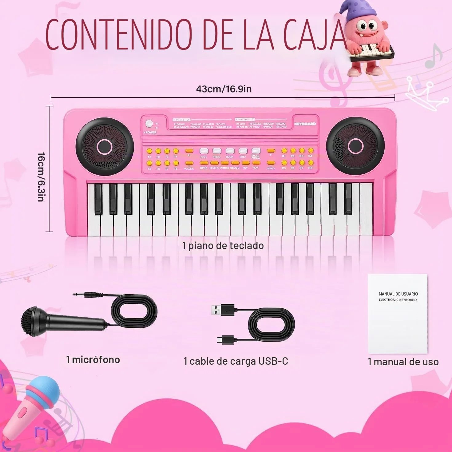 Teclado Piano Musical Educativo para Niños Piano Infantil Portátil 37 Teclas con Micrófono Juguetes Musicales Regalo para Niños y Niñas de 3 4 5 6 7 Años Rosa