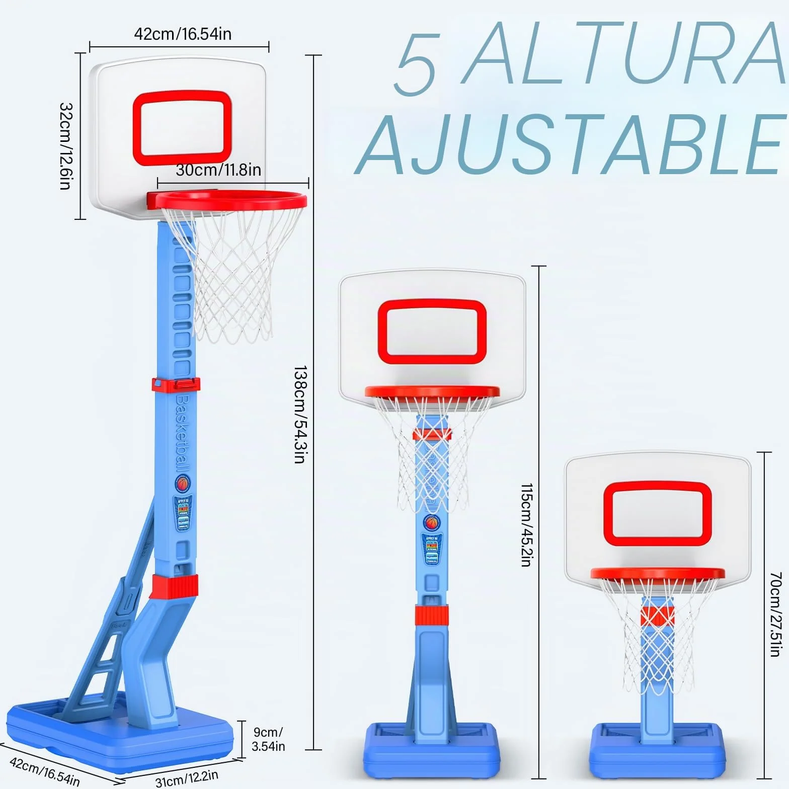 Canasta Baloncesto Infantil, Altura Ajustable 70-138 cm,Mini Canasta de Baloncesto para Interior y Exterior,Regalos Cumpleaños para niños de 3 a 8 años-Azul