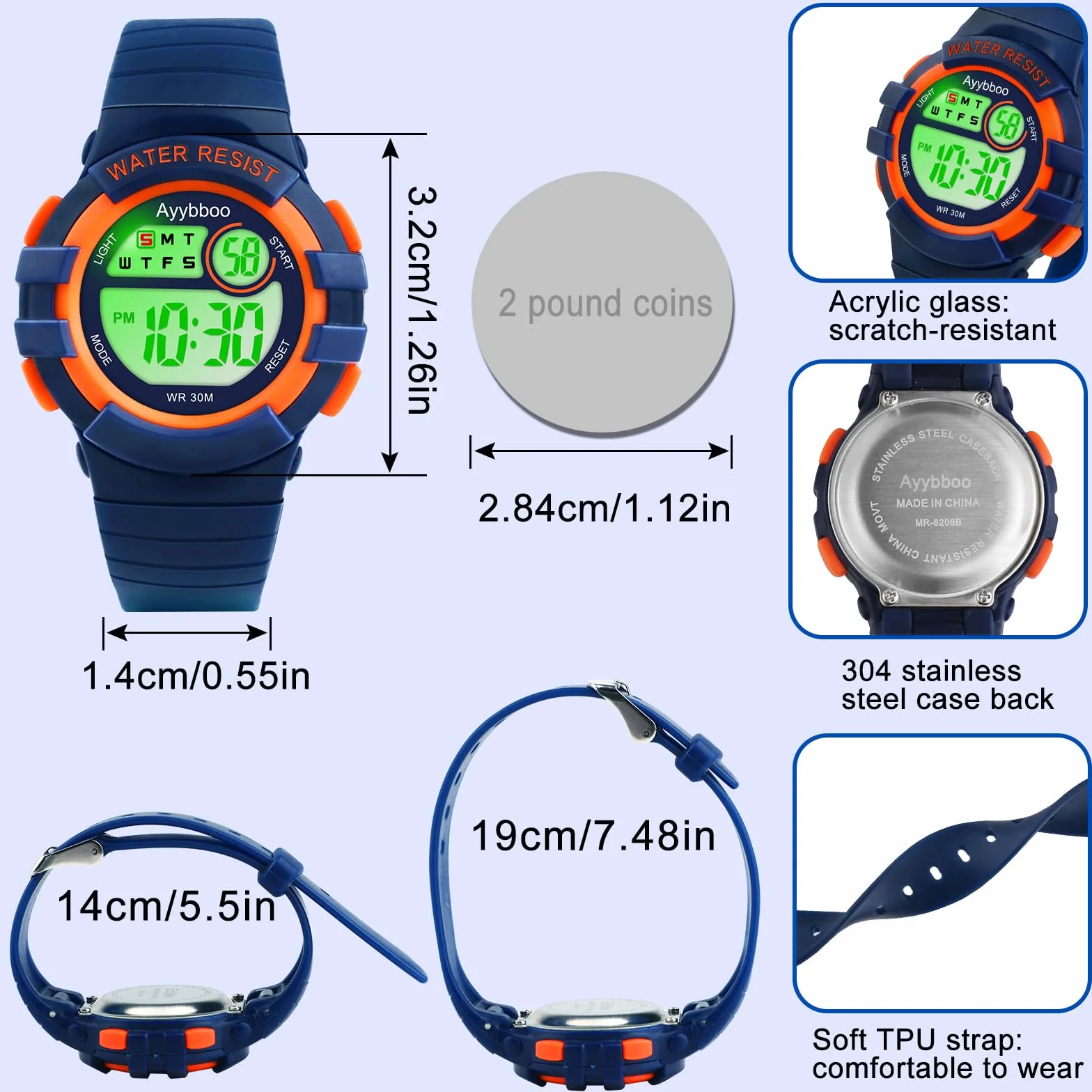 Reloj Niño Digital 7 Luces LED Impermeable 3ATM Alarma Fecha Cronómetro Deportivo Pulsera
