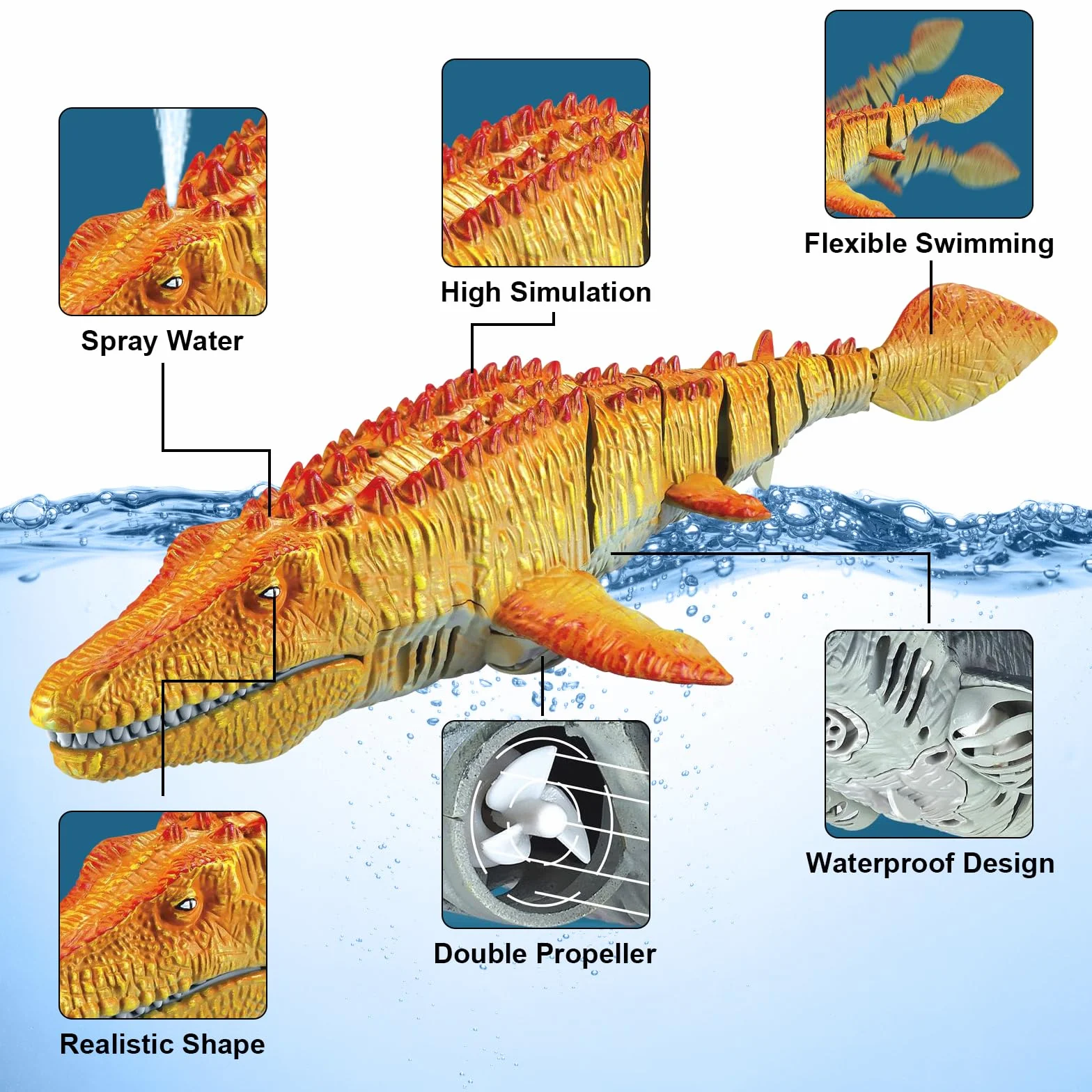 Mosasaurus Barco Teledirigido Eléctrico RC con Agua Pulverizada y Luz para Piscina Lago Baño (Amarillo)