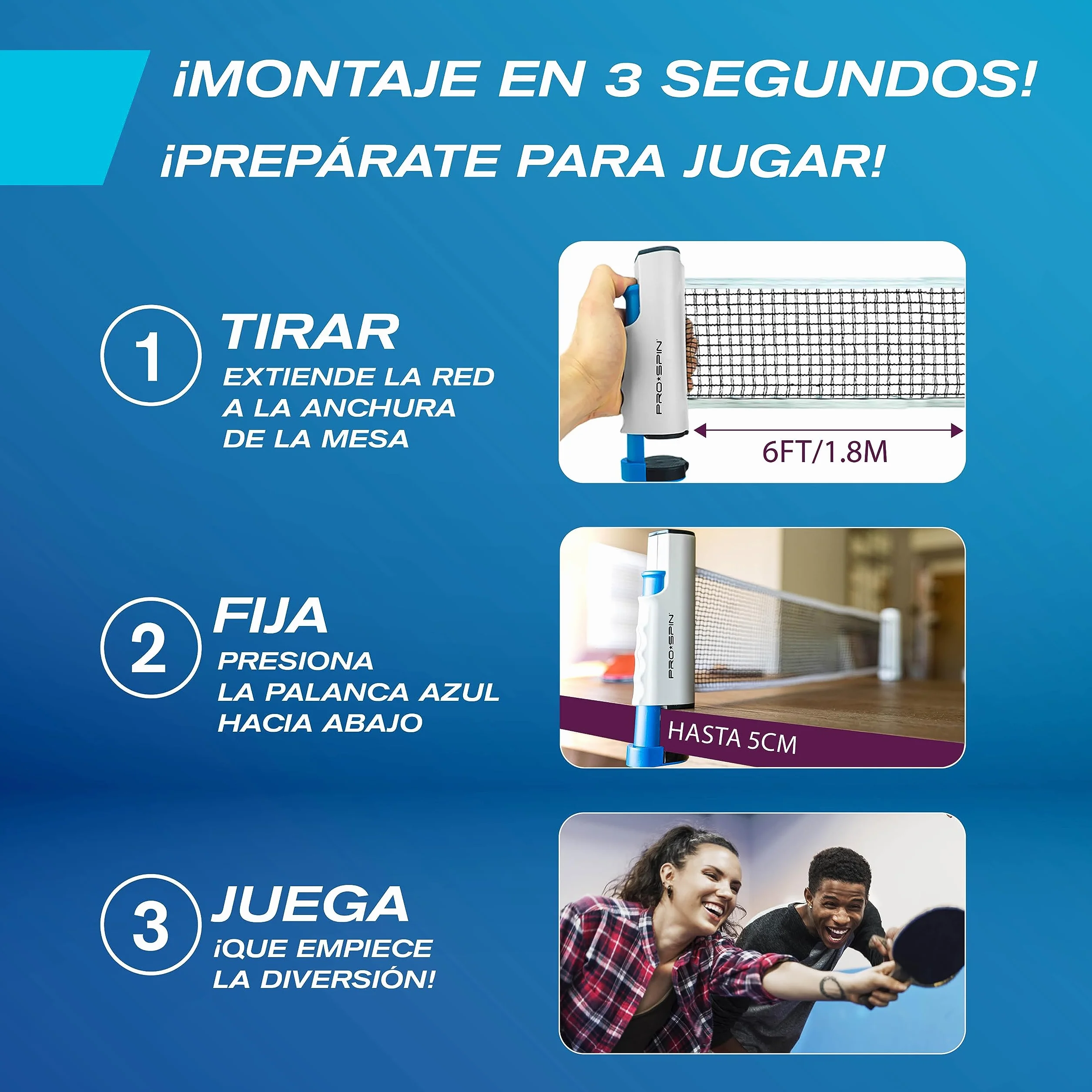 PRO-SPIN Set de Ping Pong Portátil con Red Retráctil, Palas y Pelotas 3 Estrellas