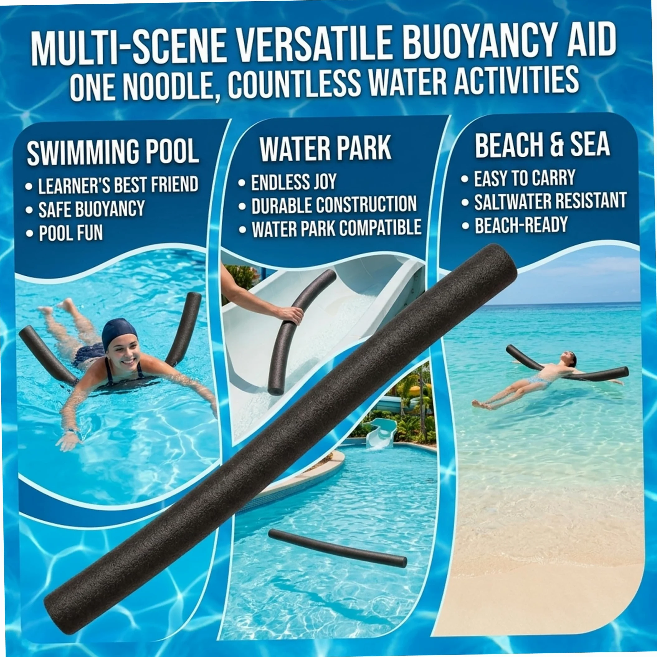 Pool Noodles, Paquete de 3, Espuma Hueca para Nadar, Color Blanco | Espuma suave y flexible, adecuada para todas las edades, ideal para practicar natación en piscina.