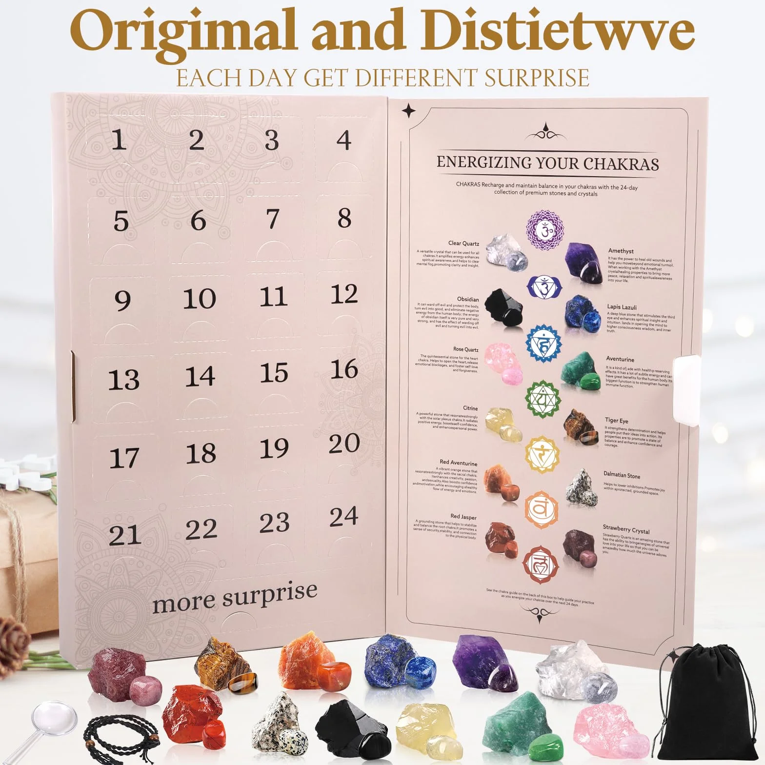 Calendario de Adviento de piedras preciosas, cristales, calendario de Adviento 2025 para niños, calendario de Navidad, cuenta regresiva con 24 cristales de chakra (A)