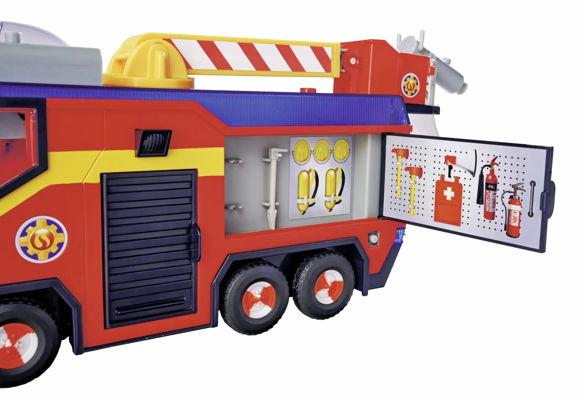 Simba 109252595 Figura de Júpiter Bombero, camión de Bomberos, Sam y Radar, Efectos de luz, Sirena, Escalera giratoria, Flechas de Agua, Plataforma para Quad, 32 cm, Accesorios, a Partir de 3 años