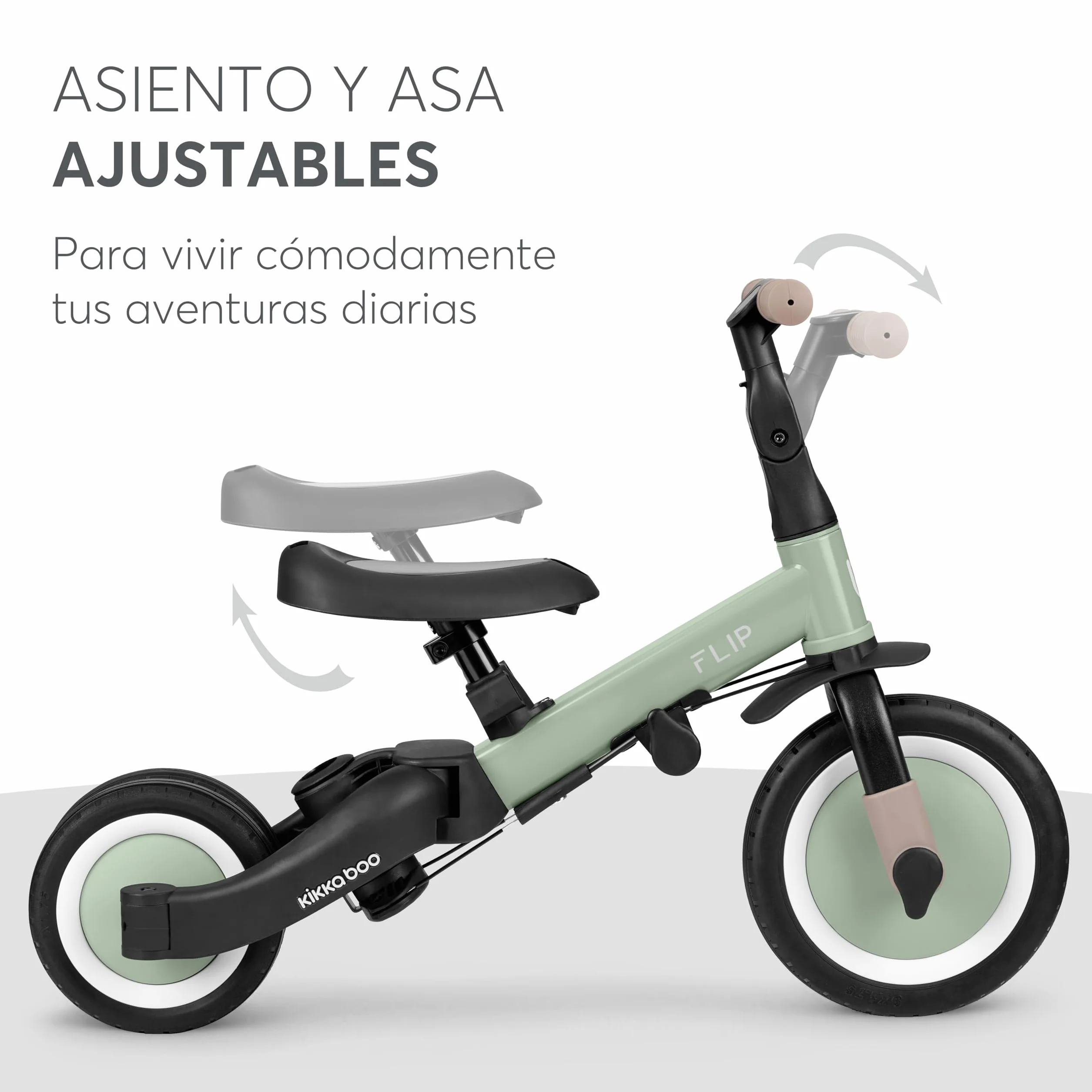 KikkaBoo FLIP, Triciclo Evolutivo de Bebé 5 en 1, Bicicleta con o sin Pedales, Ajustable y Transformable, Verde Militar, Desde 1 Año Hasta 5 Años