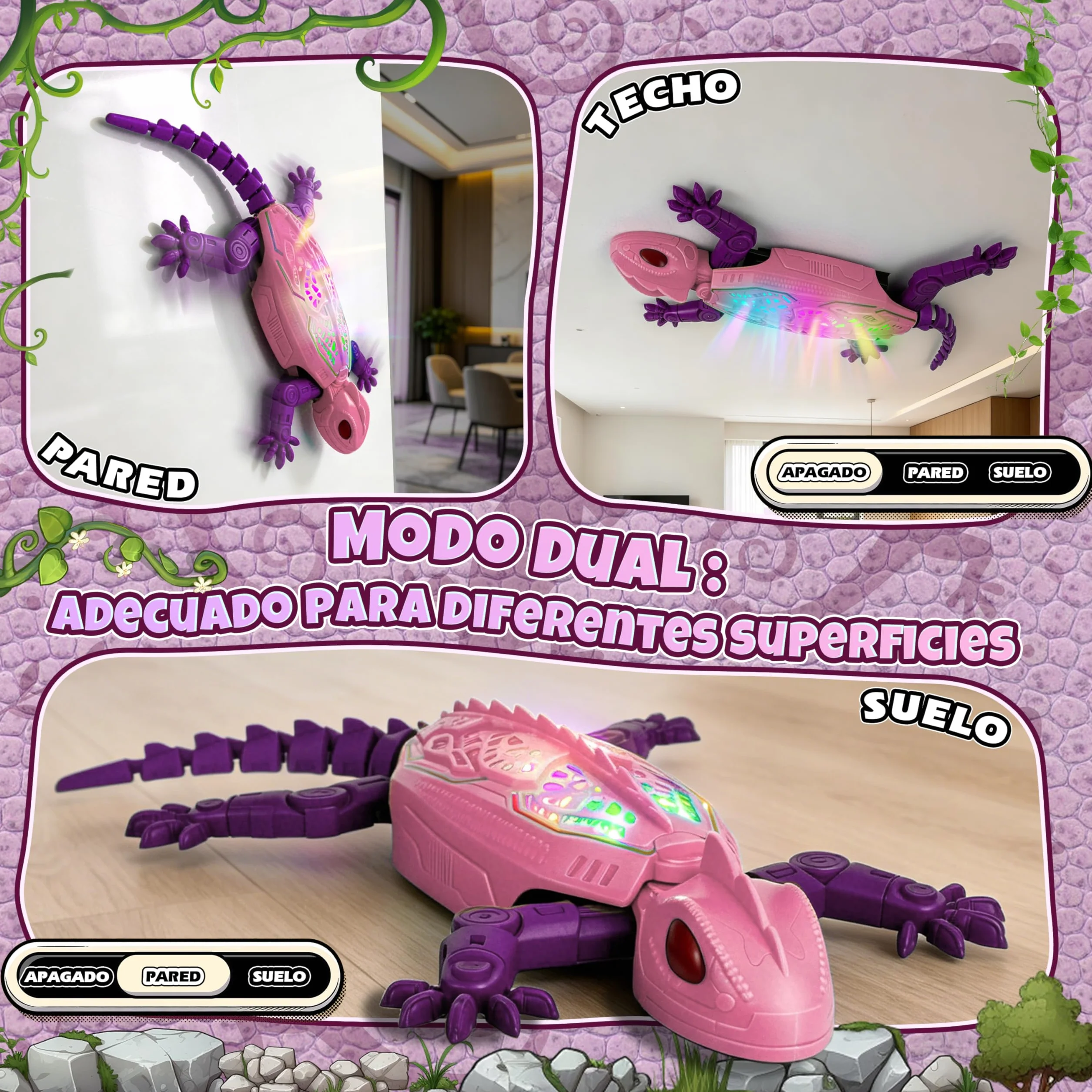 FORMIZON Lagartija Teledirigida con 9 Iluminación, Lagarto teledirigido Pared, Geko Teledirigido Juguete Movimientos Realistas, Regalo Interactivo de Robot para Niños y Niñas a Partir de 3 A (Rosa)