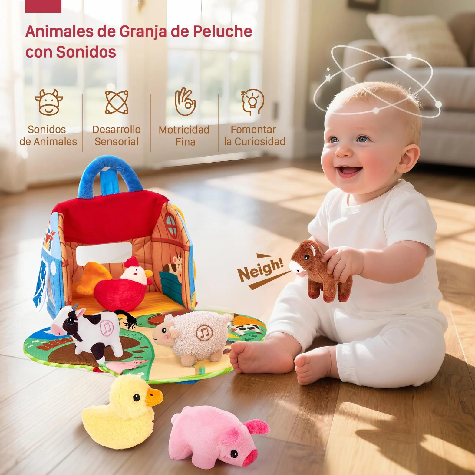 hahaland Juguetes Bebes 6-12 Meses - Granja de Peluche con 6 Animales Interactivo, Granero Plegable Blando - Montessori Juguetes Niños 1 año Regalo Bebe 6 12 18 Meses