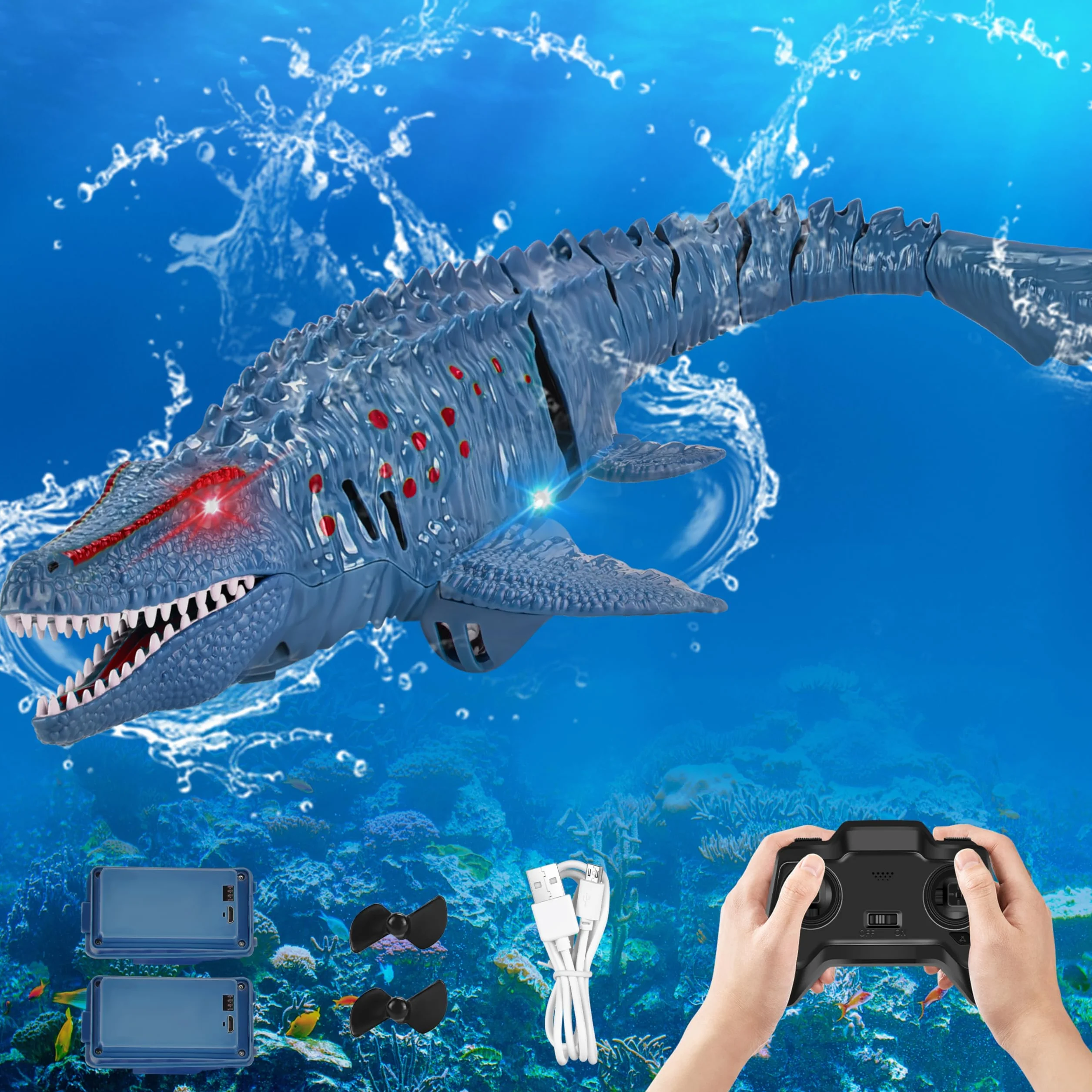 IEEILULU Barcos Teledirigido RC Mosasauru, 2.4GHz Barco Tiburón Dinosaurio Eléctrico con Luces y USB, Juguete Acuático Teledirigido, Regalo para Niños Mayores de 8+ Años Piscina y Lagos (Azul)